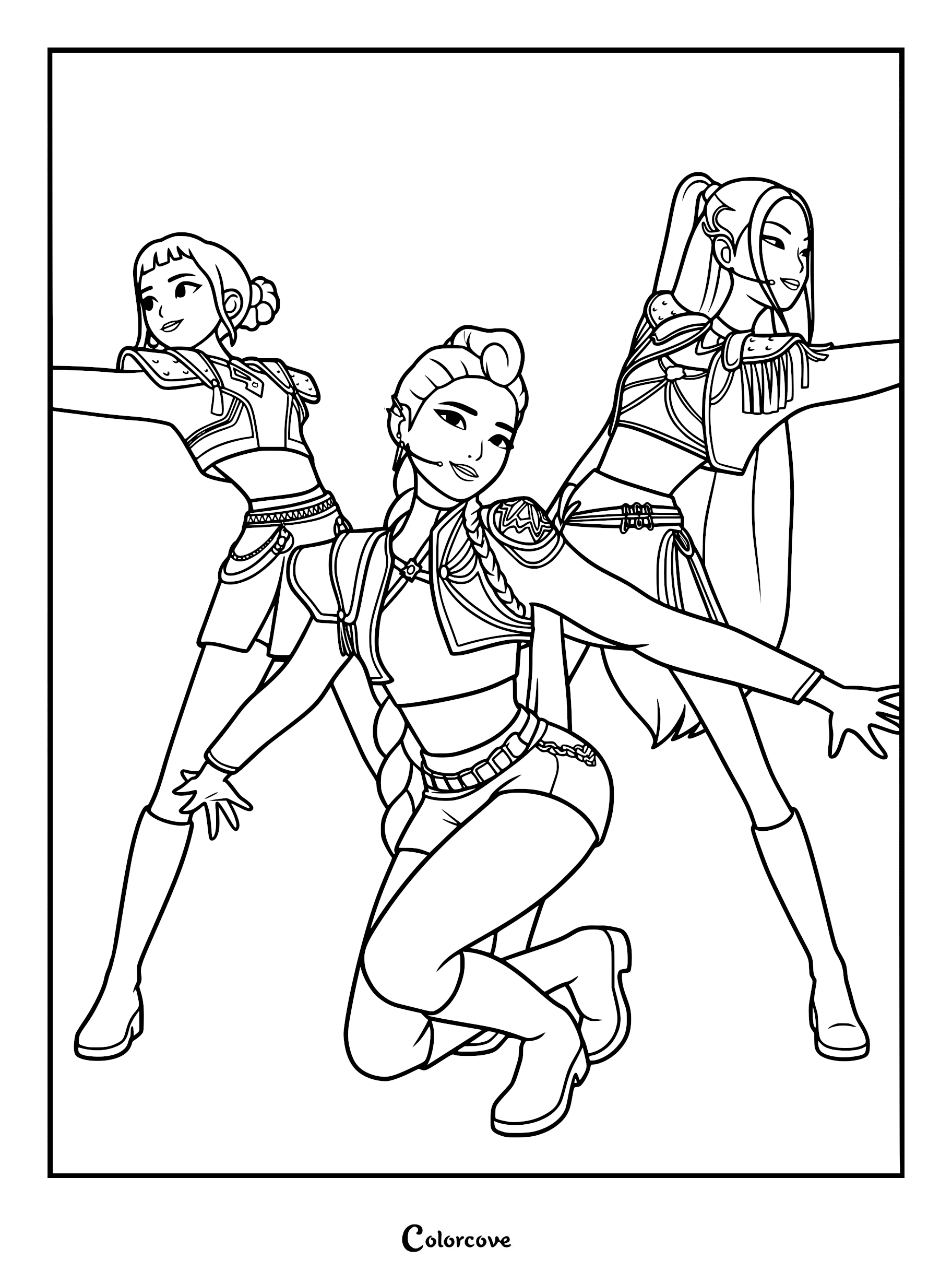 A detailed coloring page featuring Rumi kneeling in the center with her dragon braid, flanked by Mira and Zoey in dynamic K-pop performance poses wearing tactical idol stage outfits.