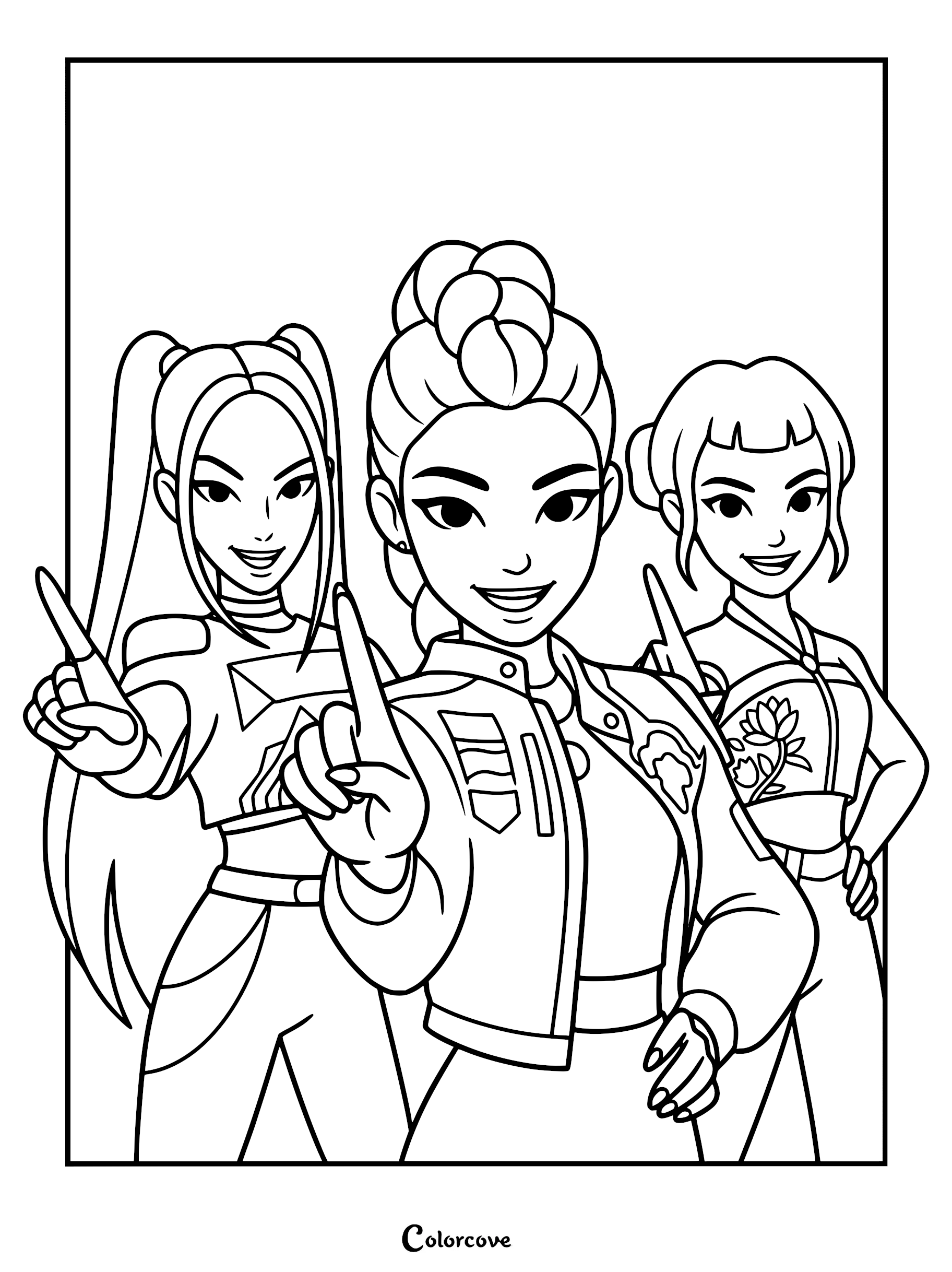 A printable coloring page featuring Rumi, Mira, and Zoey from KPop Demon Hunters striking a pose with raised fingers, showcasing their signature hairstyles and performance outfits.