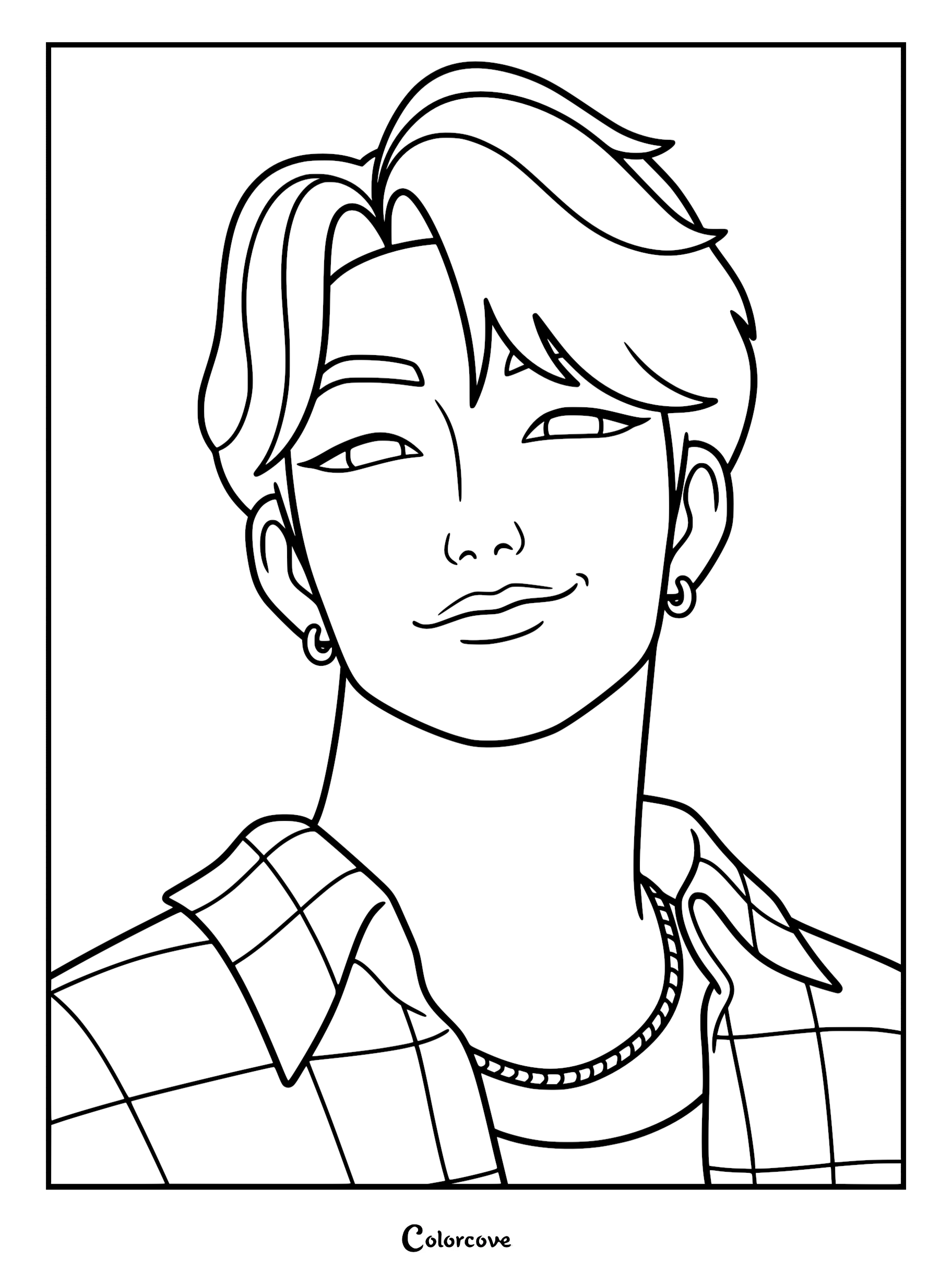 A printable coloring page featuring the portrait of Jinu, the charismatic leader of the Saja Boys, showcasing his handsome idol features, stylish layered haircut, hoop earrings, and plaid collared shirt.