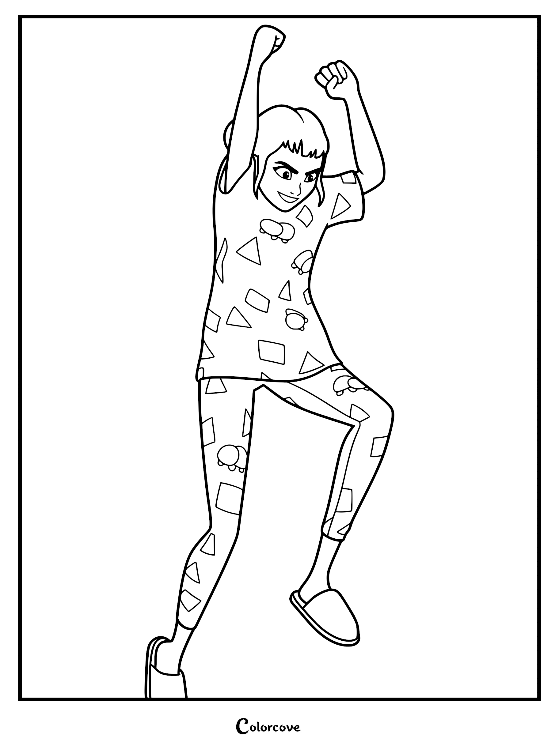 Zoey from KPop Demon Hunters leaping in the air with arms raised, wearing a patterned shirt and leggings with geometric shapes, black and white line art coloring page.