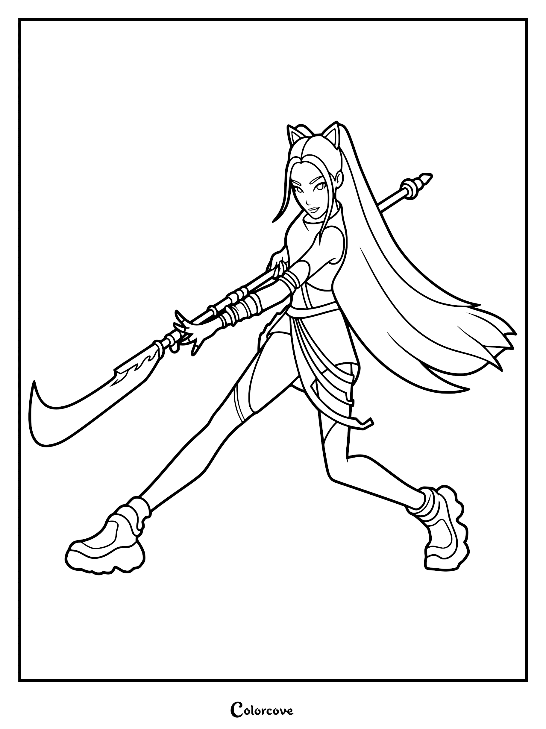 Mira from Kpop Demon Hunters in a dynamic fighting pose holding her Gok-do polearm weapon, rendered as a clean black and white line art coloring page.