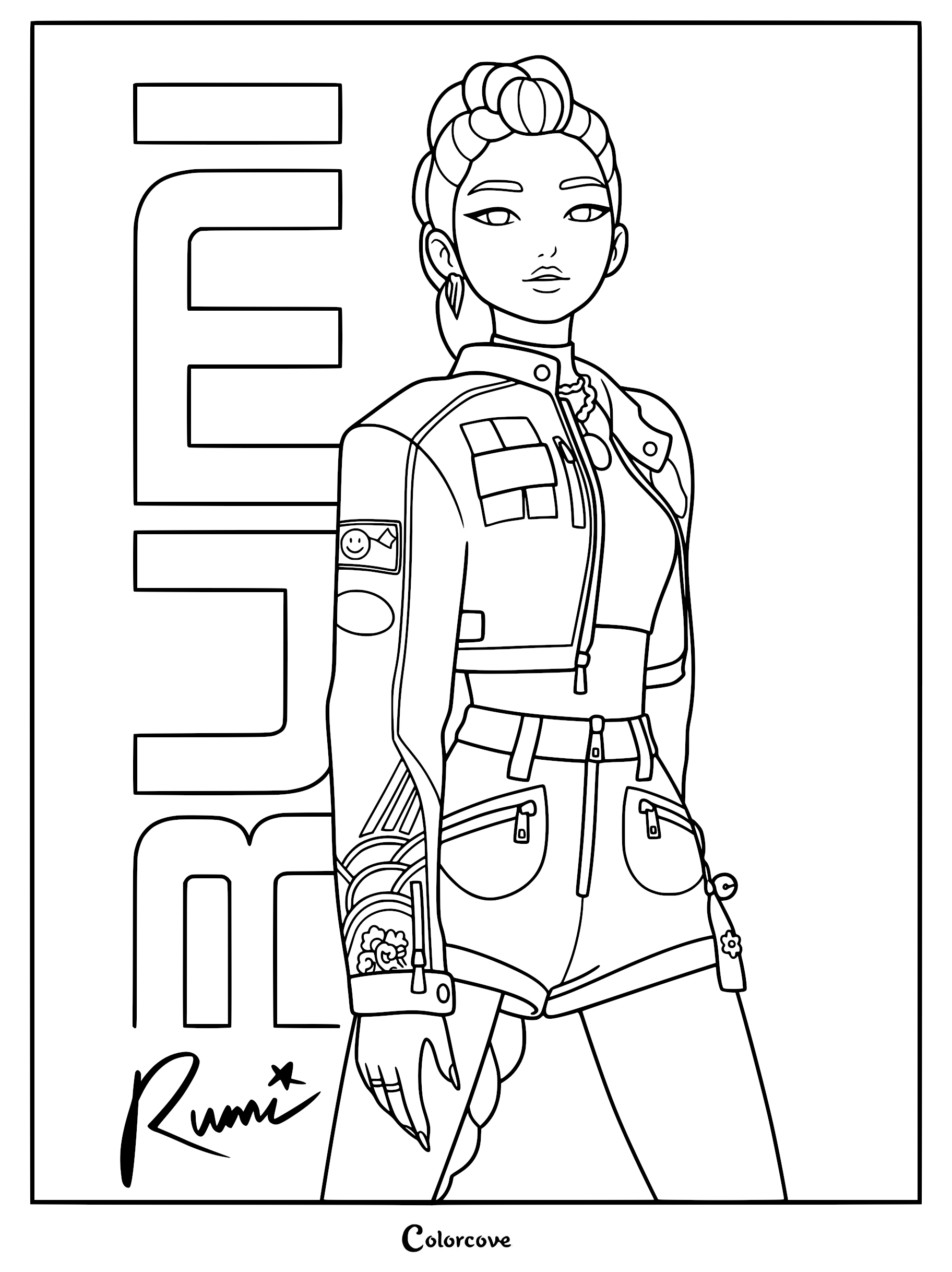 Detailed line art coloring page of Rumi from Kpop Demon Hunters, featuring her signature dragon braid hairstyle, cropped biker jacket, and the name Rumi styled in bold vertical typography.