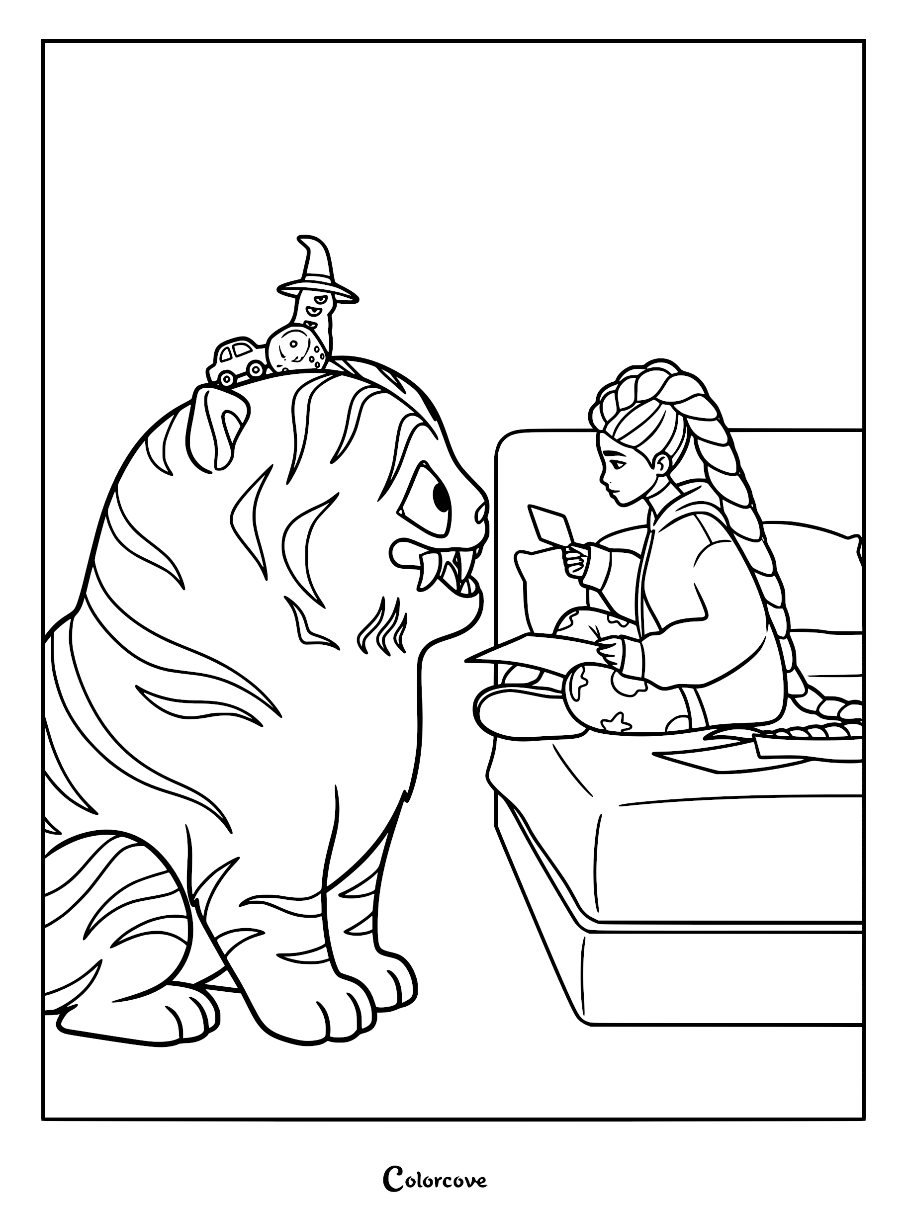 A printable coloring page featuring Rumi from KPop Demon Hunters sitting on a bed and looking at Derpy the blue tiger with small toys balanced on its head.