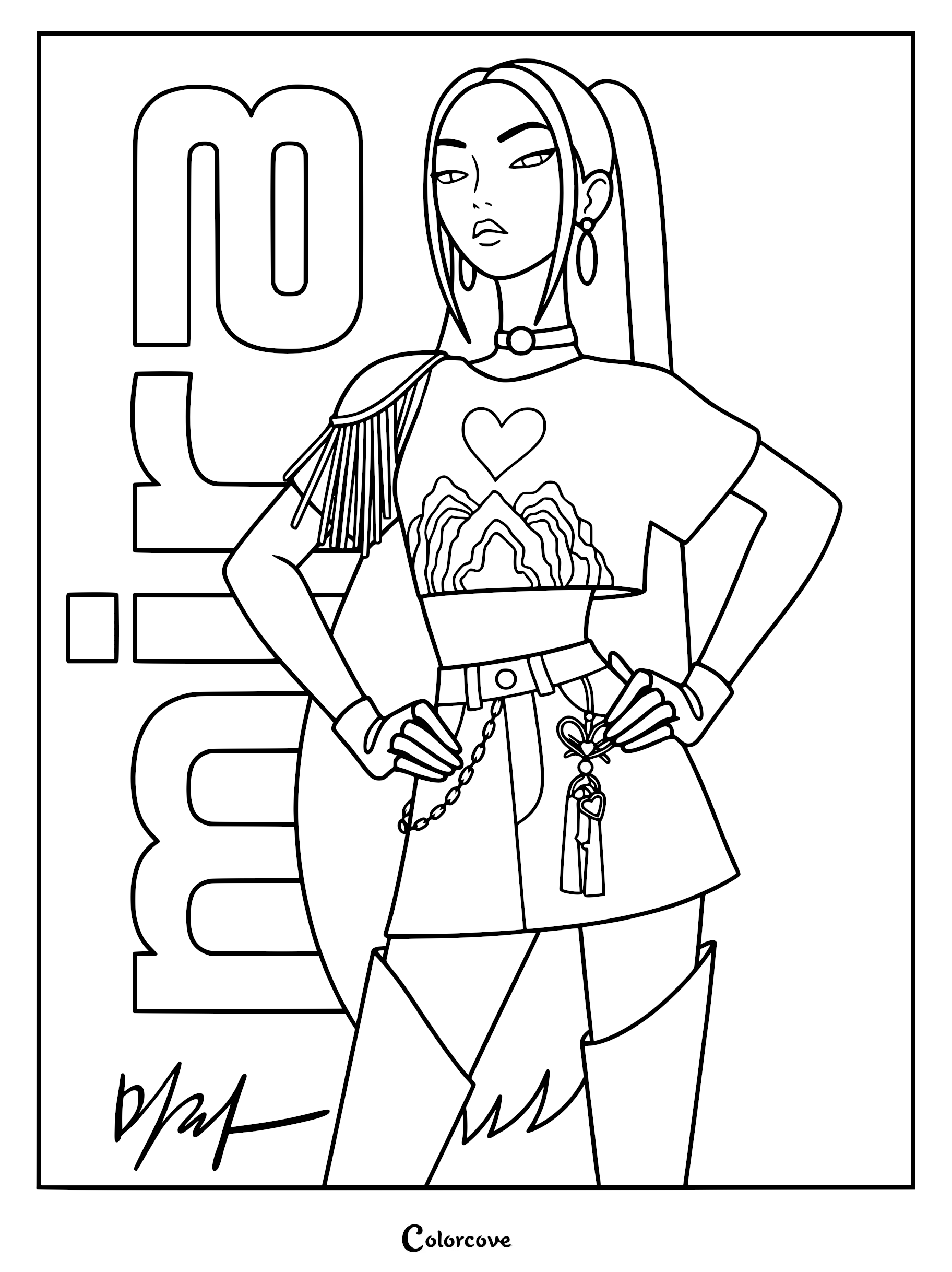 A detailed coloring page of Mira from KPop Demon Hunters, featuring her in a crop top with a heart and mountain design, wearing a chained belt with a dangling accessory, and posing confidently against a background featuring her name in bold letters.