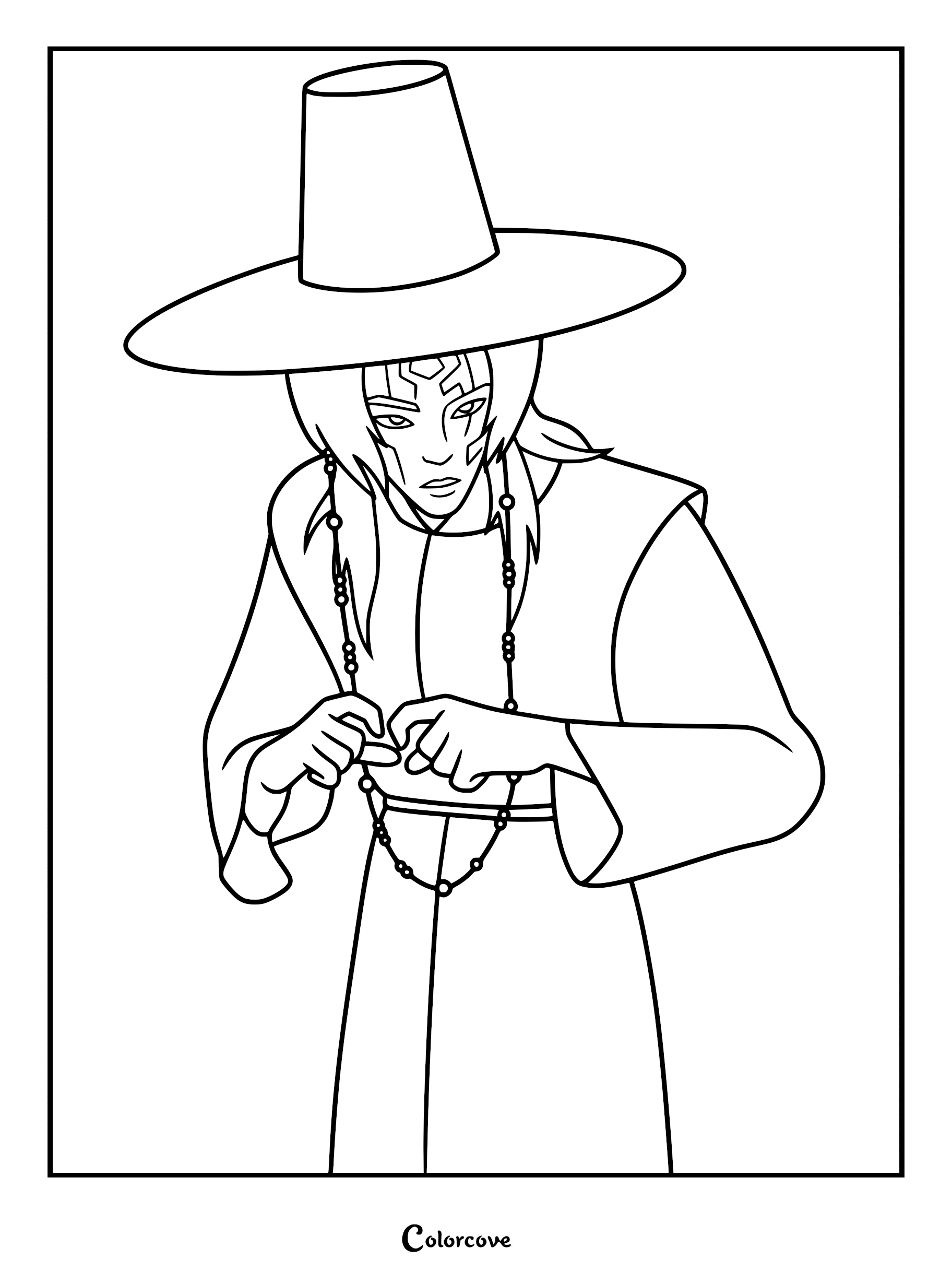 A detailed line art coloring page of Jinu from KPop Demon Hunters, featuring the character wearing a traditional gat hat, long robes, and a beaded necklace with distinctive facial markings.
