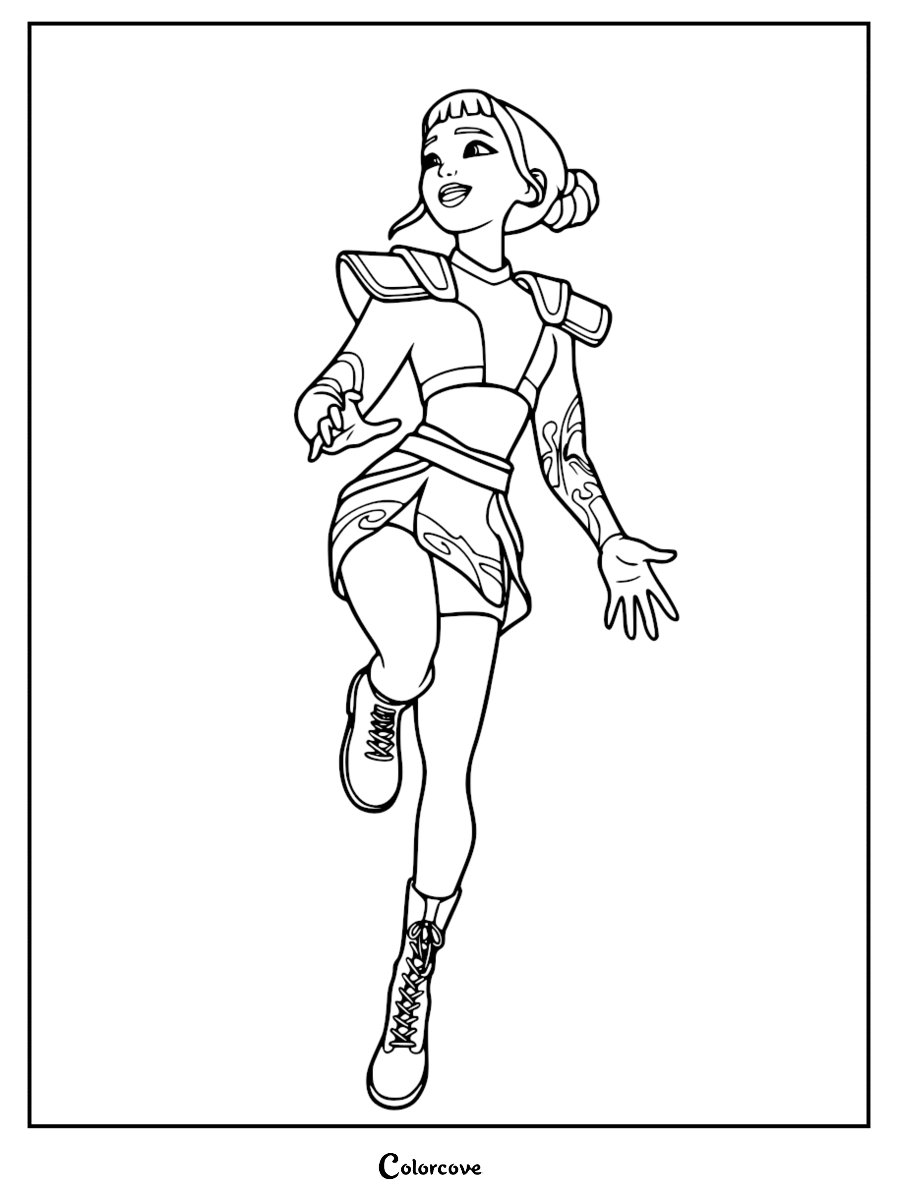 Zoey from Kpop Demon Hunters in a dynamic leaping pose, wearing a cropped performance outfit, armored shoulder pads, and intricate demonic markings on her arm, presented as a high-quality line art coloring page.