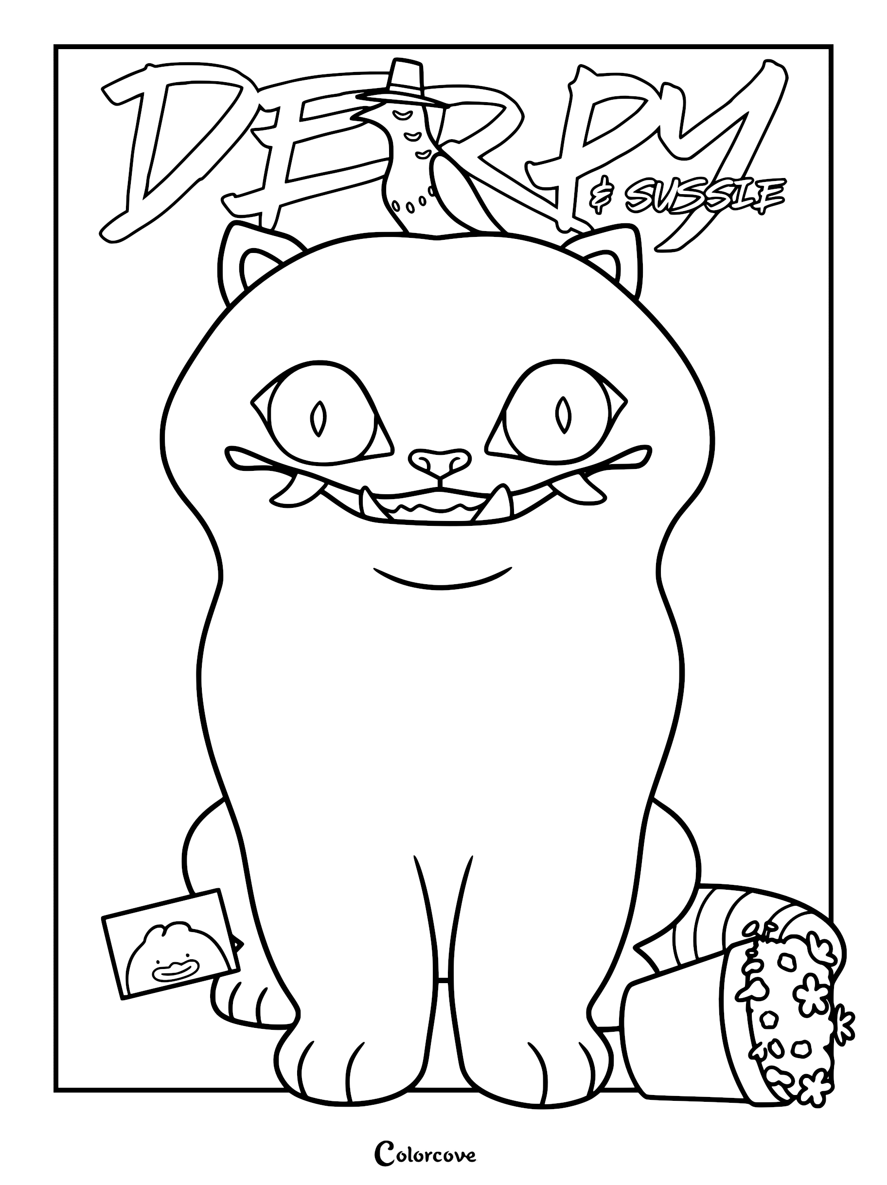 A printable coloring page featuring the KPop Demon Hunters sidekicks Derpy the blue tiger and Sussie the six-eyed magpie wearing a top hat.