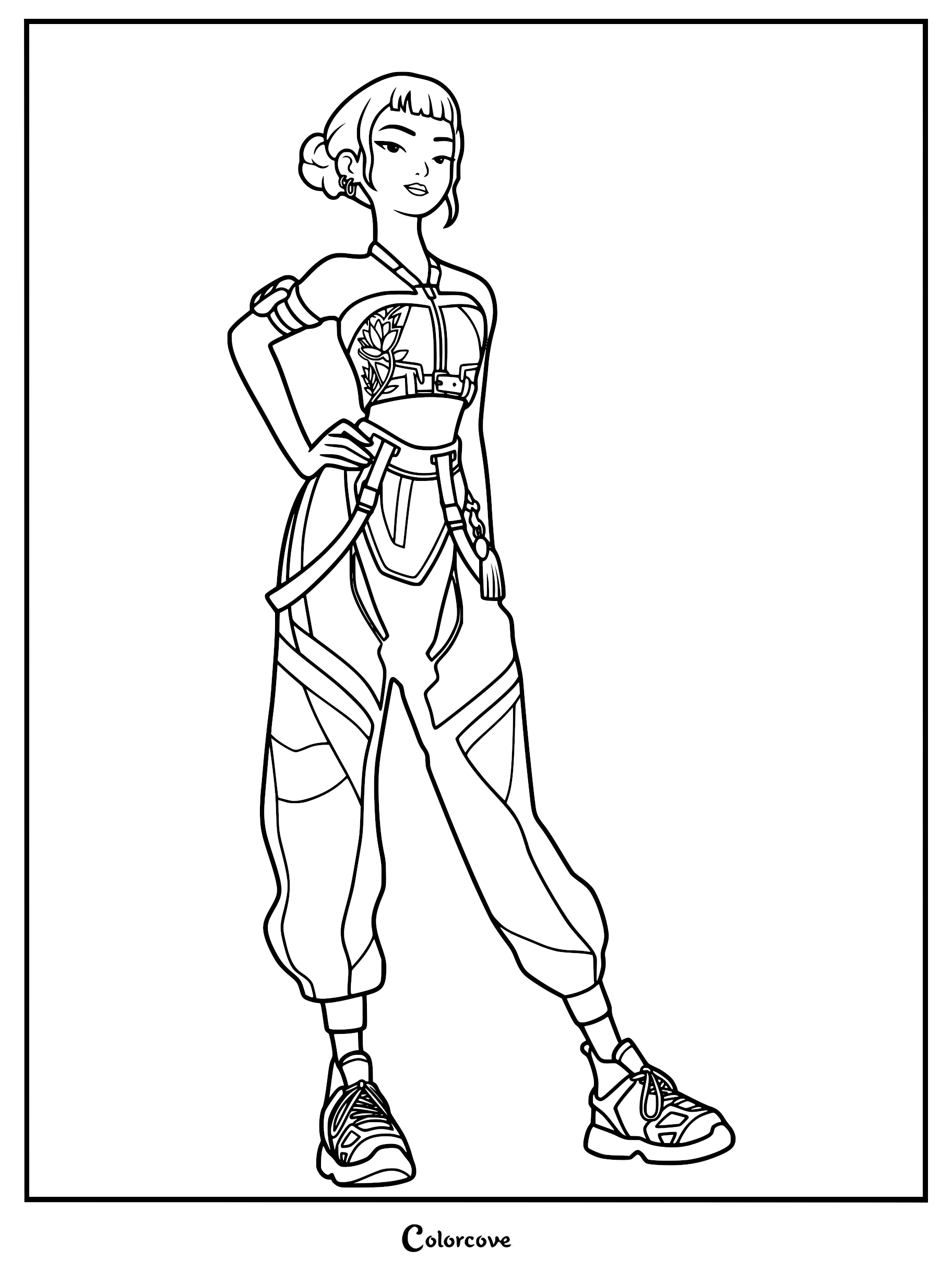 A clean line art coloring page of Zoey from Kpop Demon Hunters, featuring her in a casual pose with her signature twin braided space buns, cropped top, cargo-style pants, and sneakers.