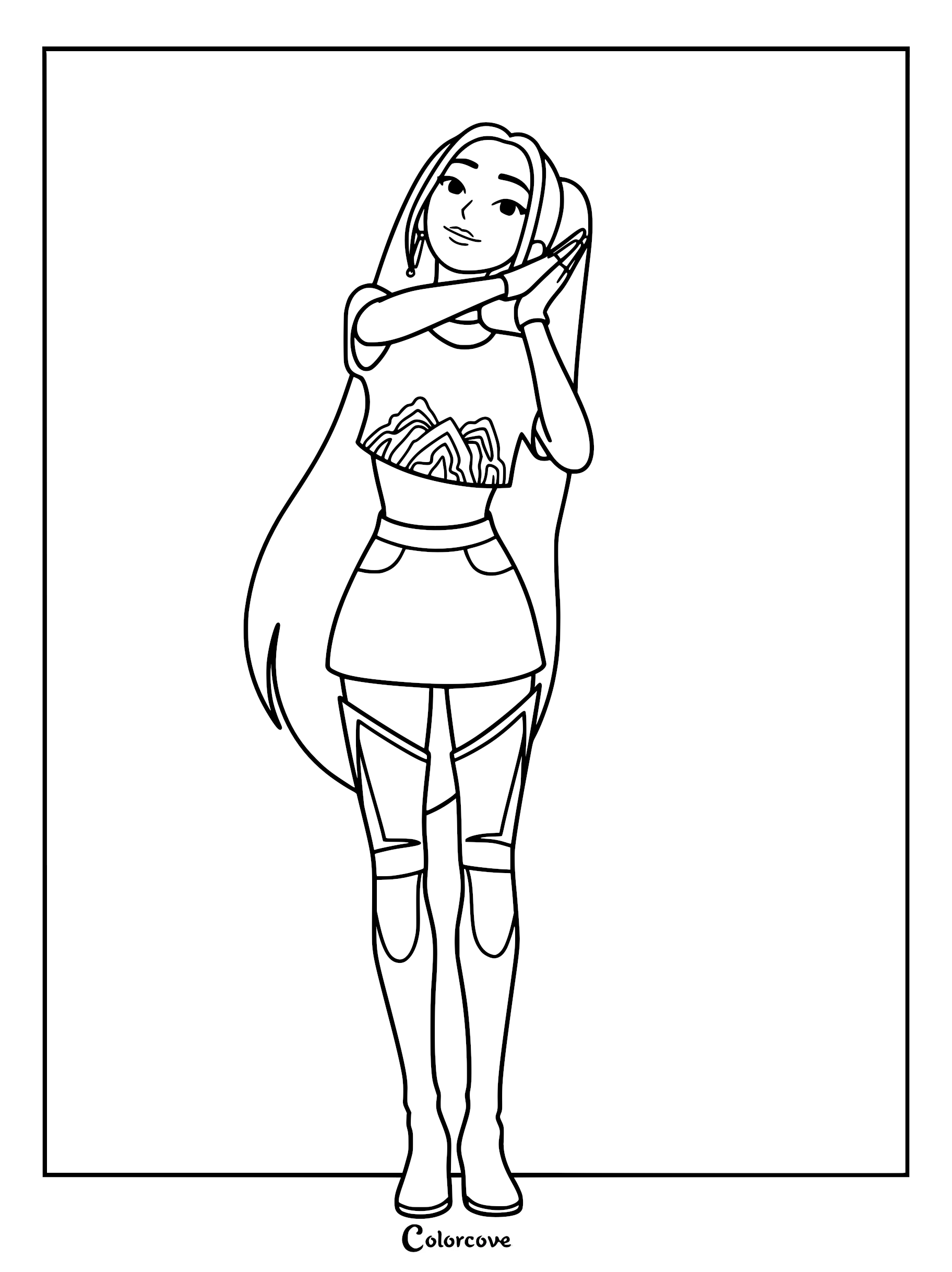 A clean line art coloring page of Mira from Kpop Demon Hunters, showcasing her in edgy streetwear, signature half-up pigtails, and knee-pad boots while posing.
