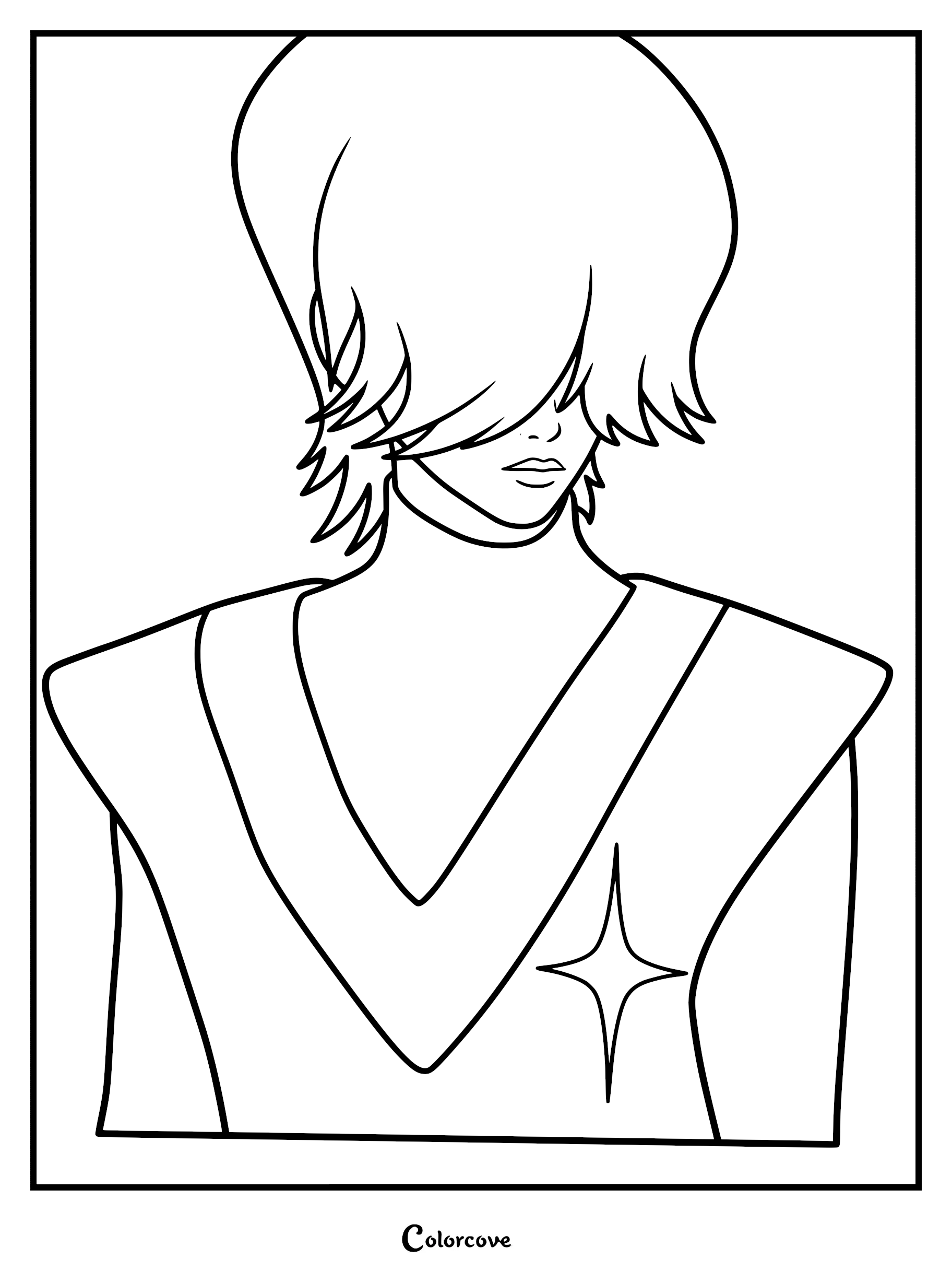 Mystery Saja from Kpop Demon Hunters in a detailed coloring page, featuring his signature shoulder-length hair covering his eyes and a four-pointed star emblem on his tunic.