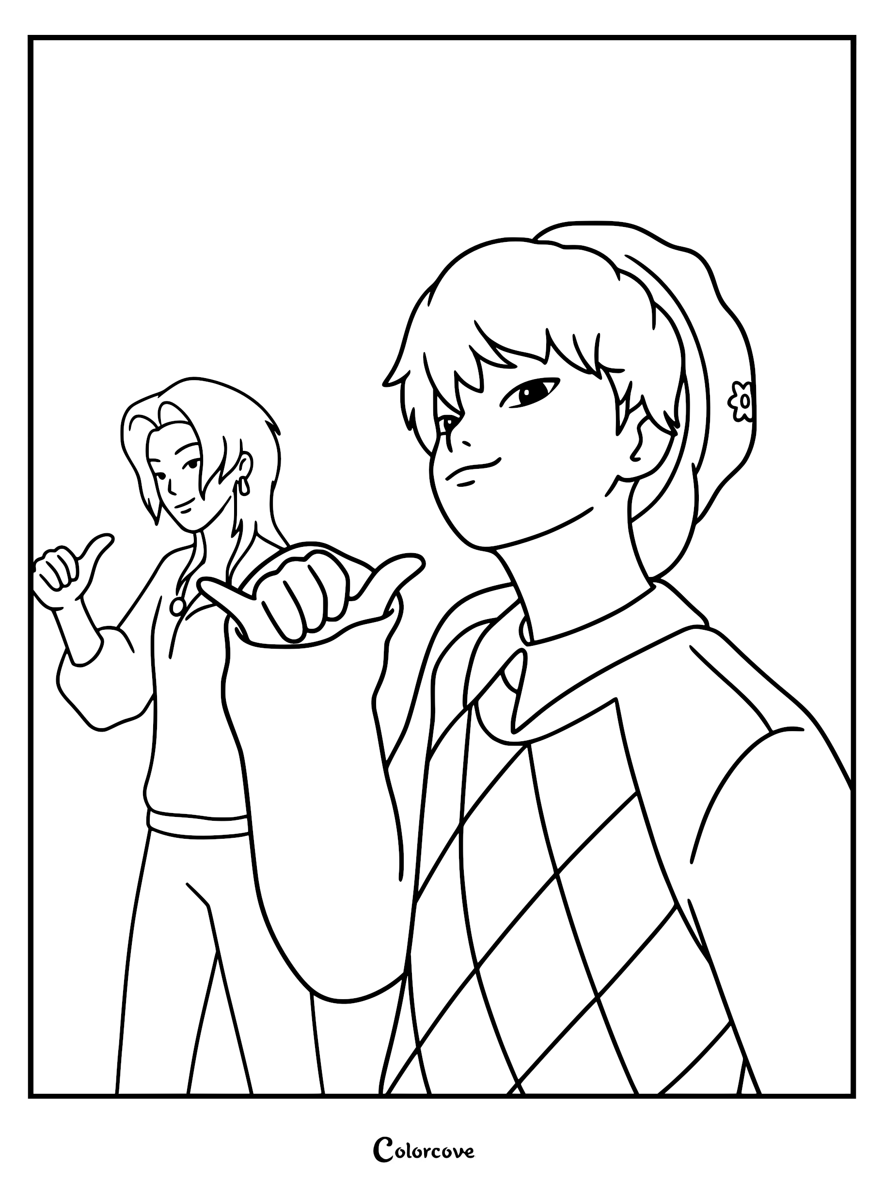 A line art coloring page featuring Baby Saja wearing an argyle sweater and beret in the foreground, with Mystery Saja posing in the background.