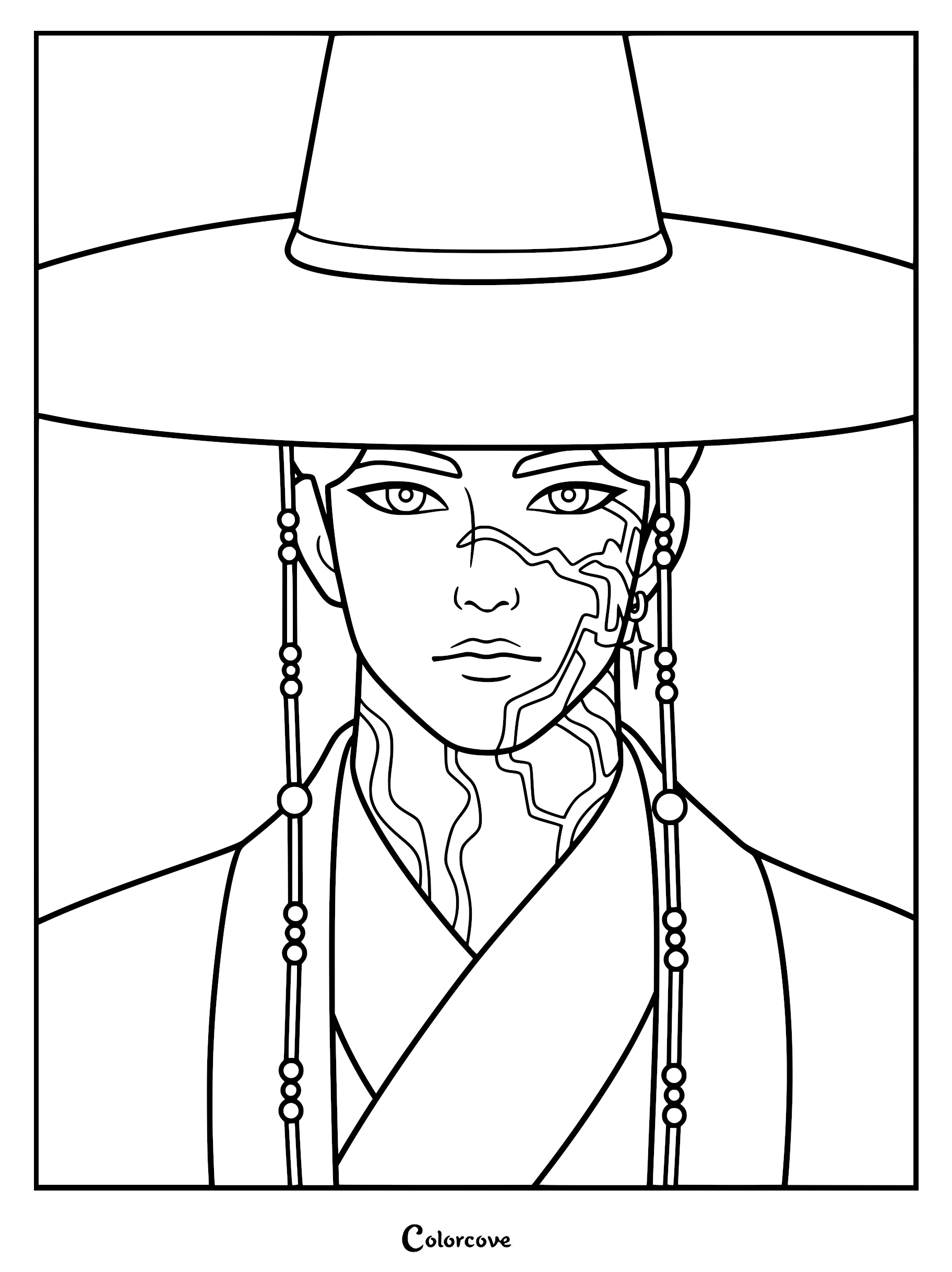 A detailed KPop Demon Hunters coloring page featuring Jinu wearing a traditional gat hat with dangling beads and demonic crack markings on his face and neck.