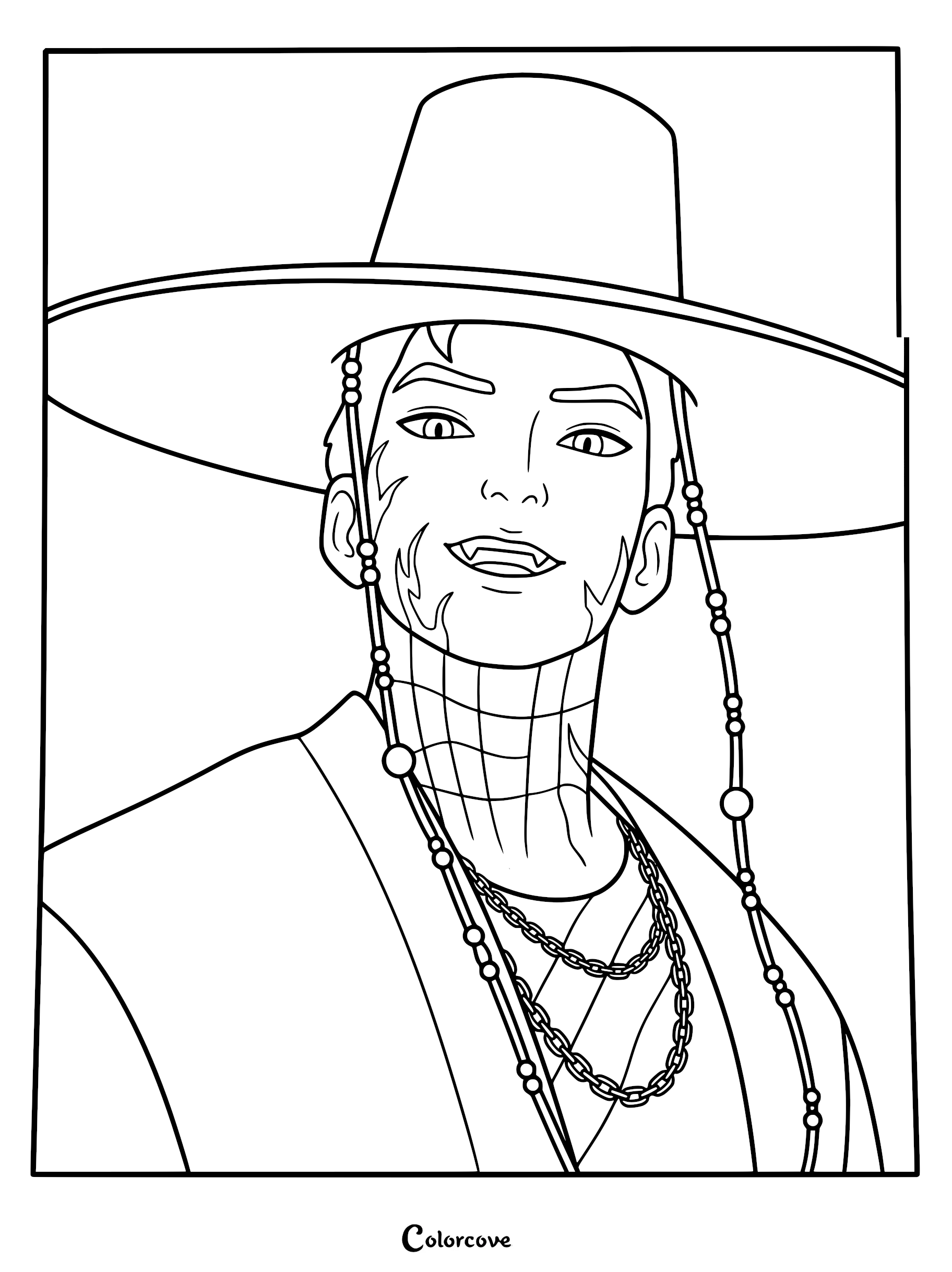 A detailed coloring page of Jinu from Kpop Demon Hunters, showing his human-demon form with sharp fangs, glowing reptilian eyes, facial markings, and wearing a traditional gat hat with beaded straps.
