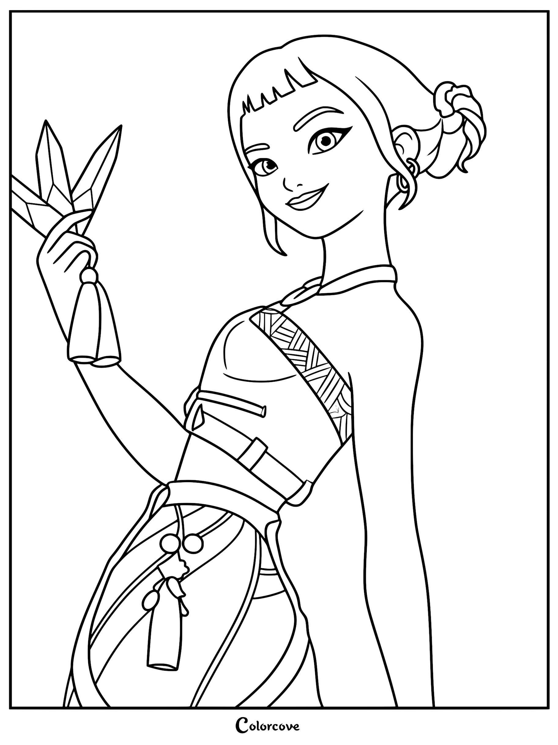 A clean line art coloring page featuring Zoey from Kpop Demon Hunters, shown from the waist up with her hair in a side bun and micro-bangs, holding a glowing Spirit Blade in her right hand.