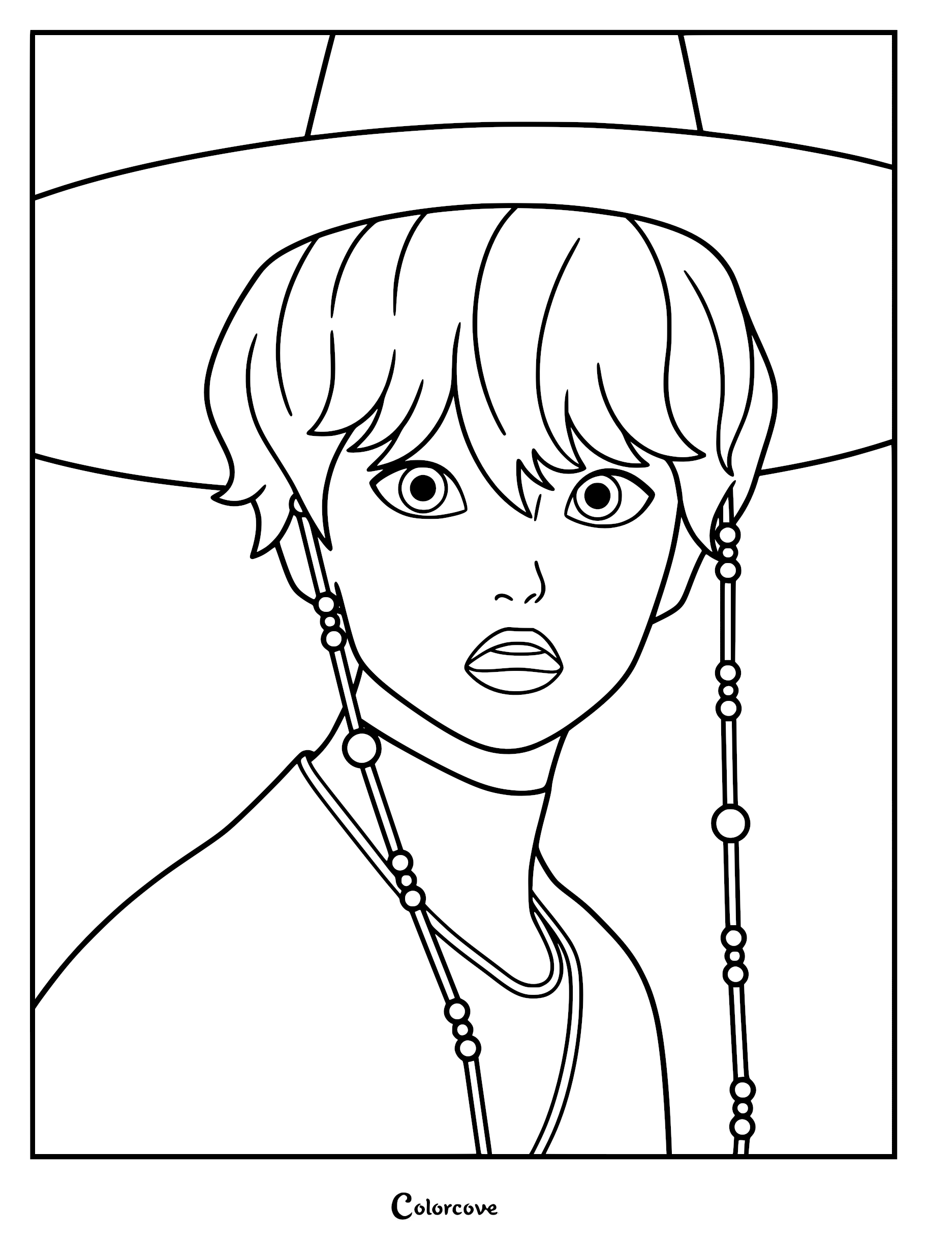 A detailed KPop Demon Hunters coloring page of Jinu, the leader of the Saja Boys, wearing a traditional wide-brimmed hat with long beaded chin straps.