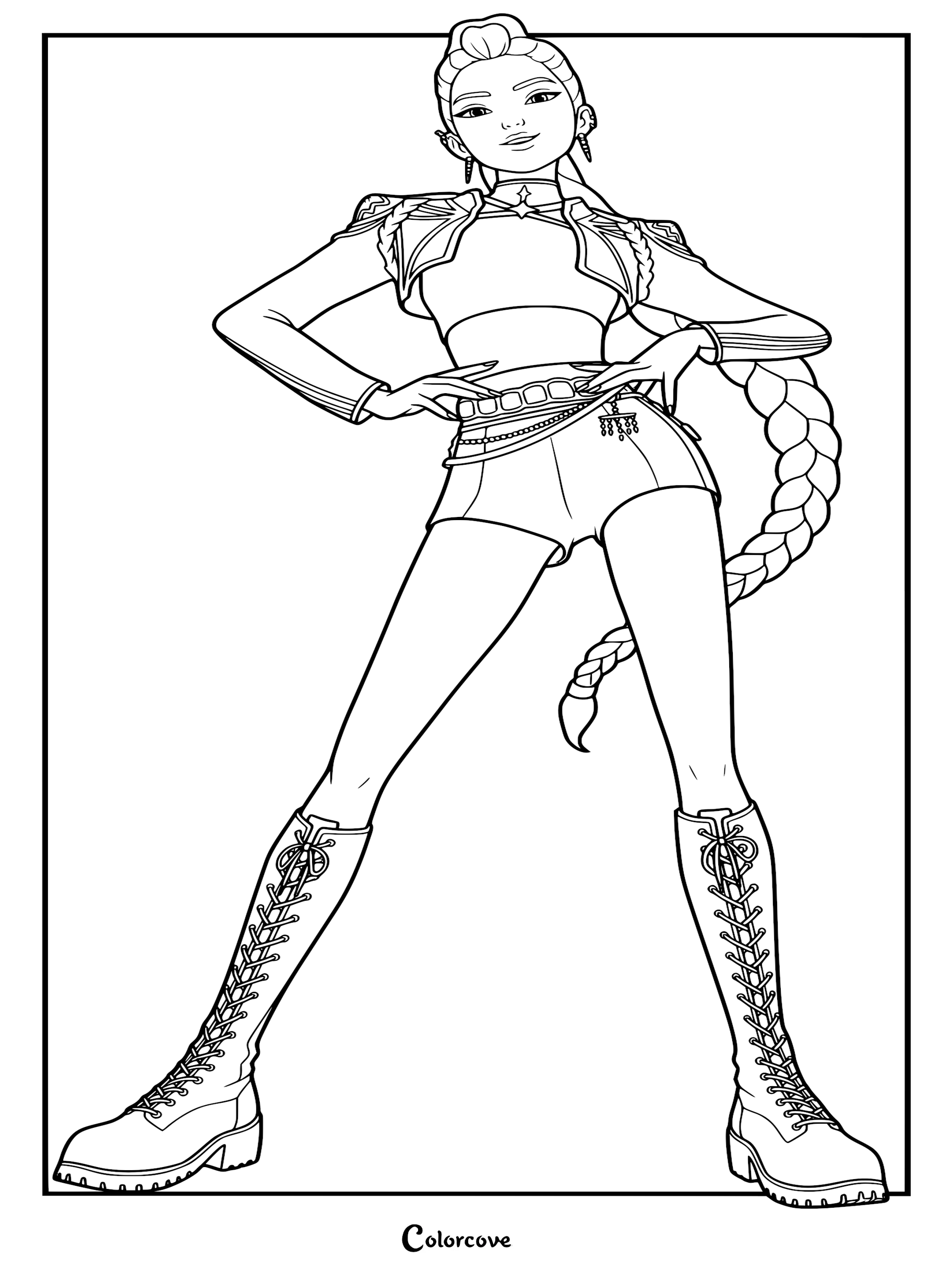 Rumi from KPop Demon Hunters standing in a confident pose, featuring her signature dragon braid and cropped jacket, in a printable line art coloring page.