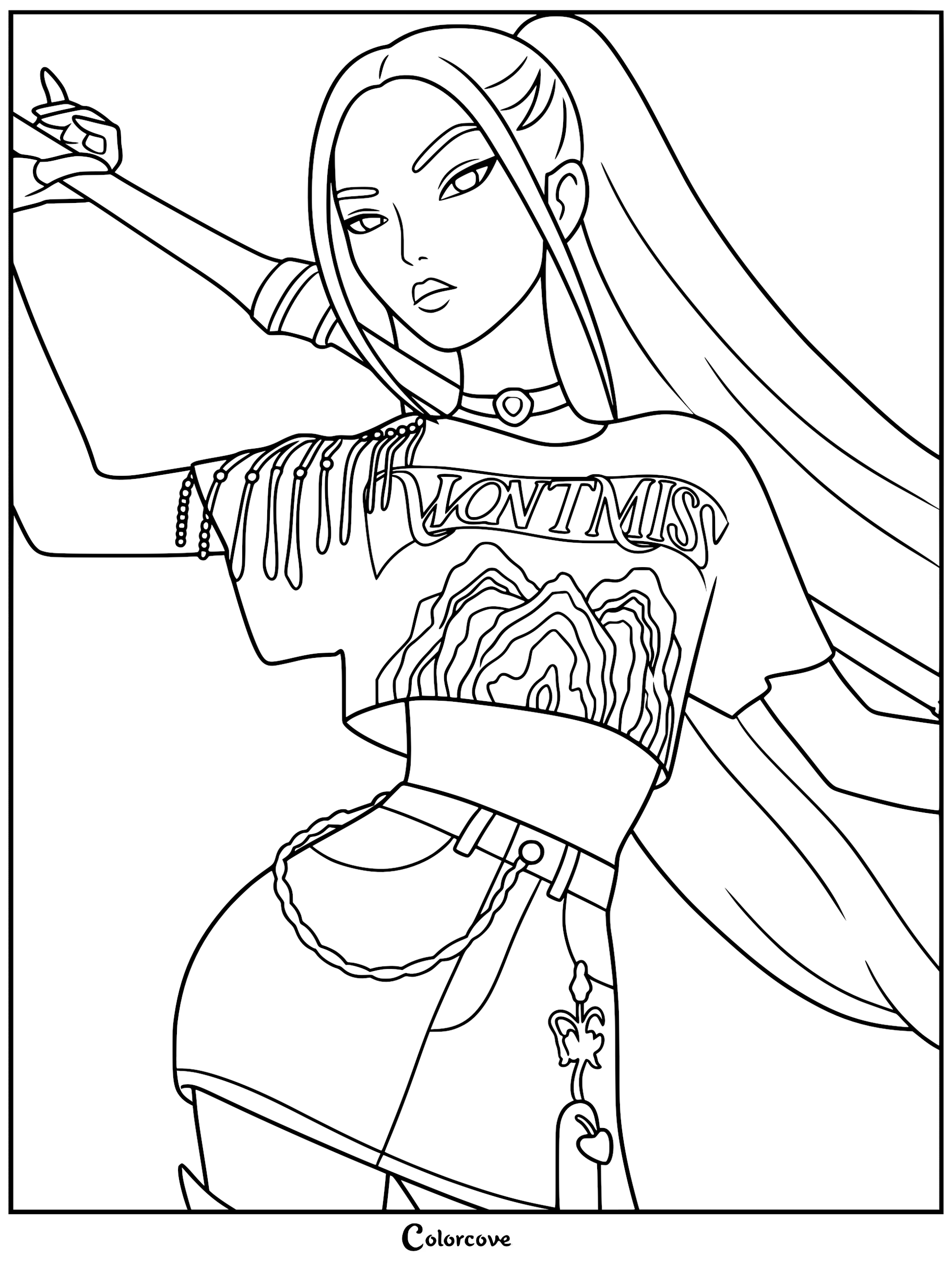 A line art coloring page of Mira from KPop Demon Hunters featuring her signature long ponytail, 'WONT MISS' cropped t-shirt with mountain graphic, chain detail on her skirt, and holding her Gok-do weapon.