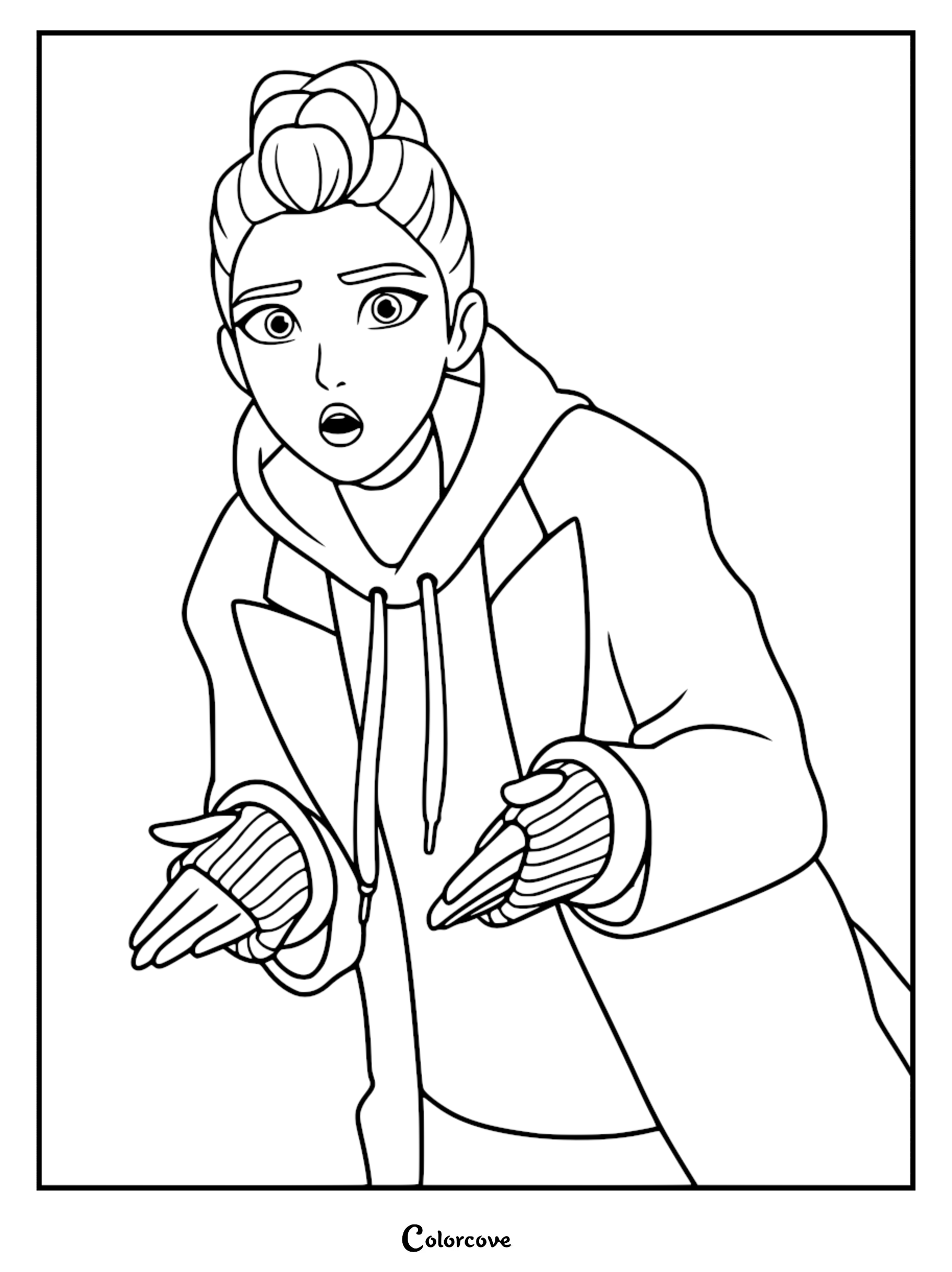 A detailed line art coloring page of Rumi from Kpop Demon Hunters, wearing a hoodie and coat with her hair in an intricate top knot bun, showing a surprised facial expression.