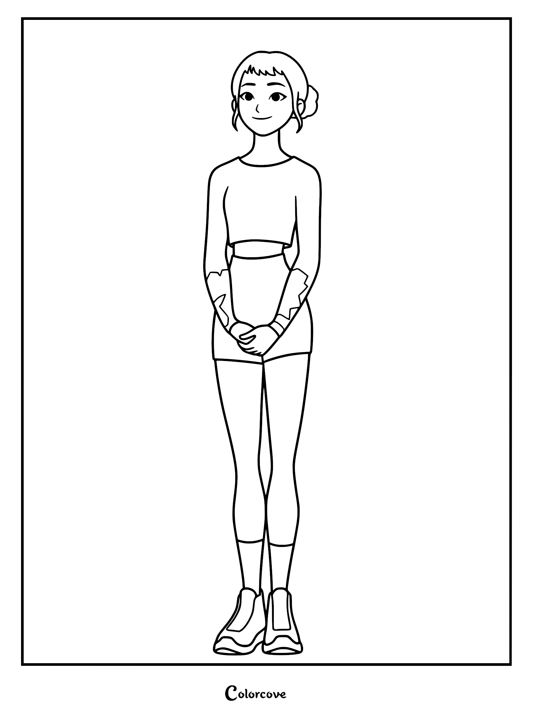A detailed line art coloring page of Zoey from KPop Demon Hunters, standing with hands clasped, wearing a crop top and shorts with her signature hair styled in buns.