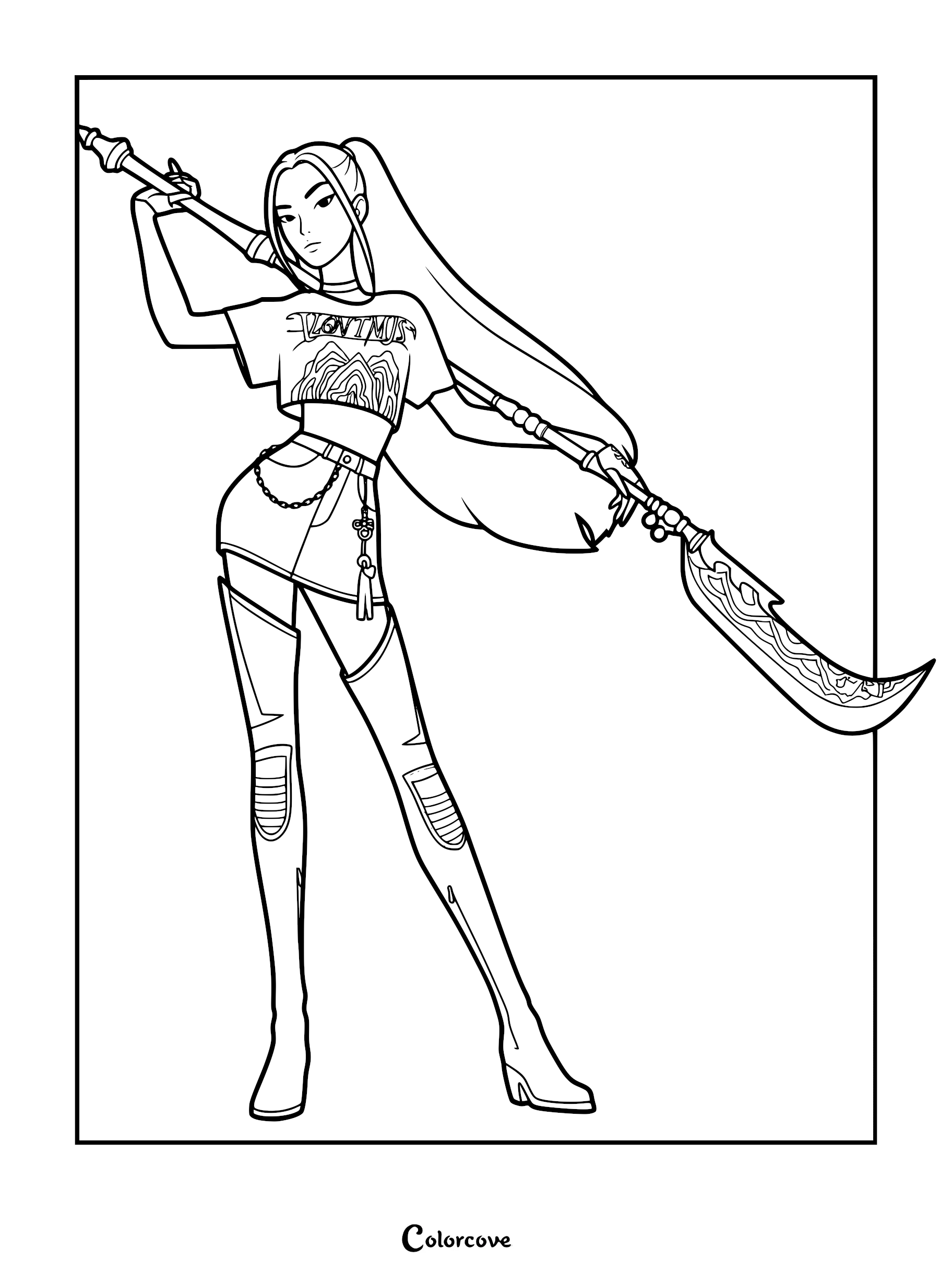 A clean line art coloring page of Mira from KPop Demon Hunters holding her Gok-do curved moon sword over her shoulders, wearing a cropped graphic tee, skirt, and thigh-high boots.
