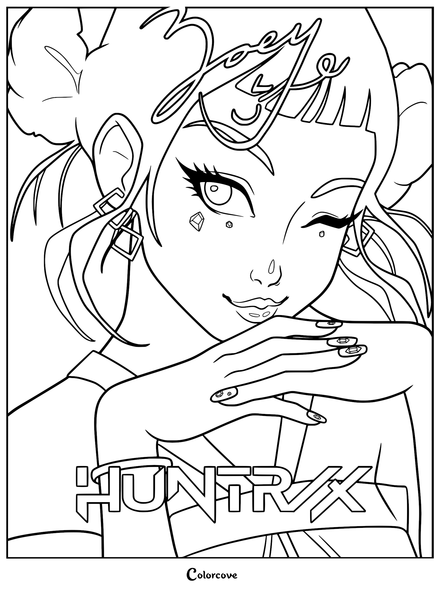 A detailed coloring page of Zoey from KPop Demon Hunters, featuring her signature twin braided space buns, micro-bangs, multiple ear piercings, and a wink, with her name and HUNTR/X logo in the frame.