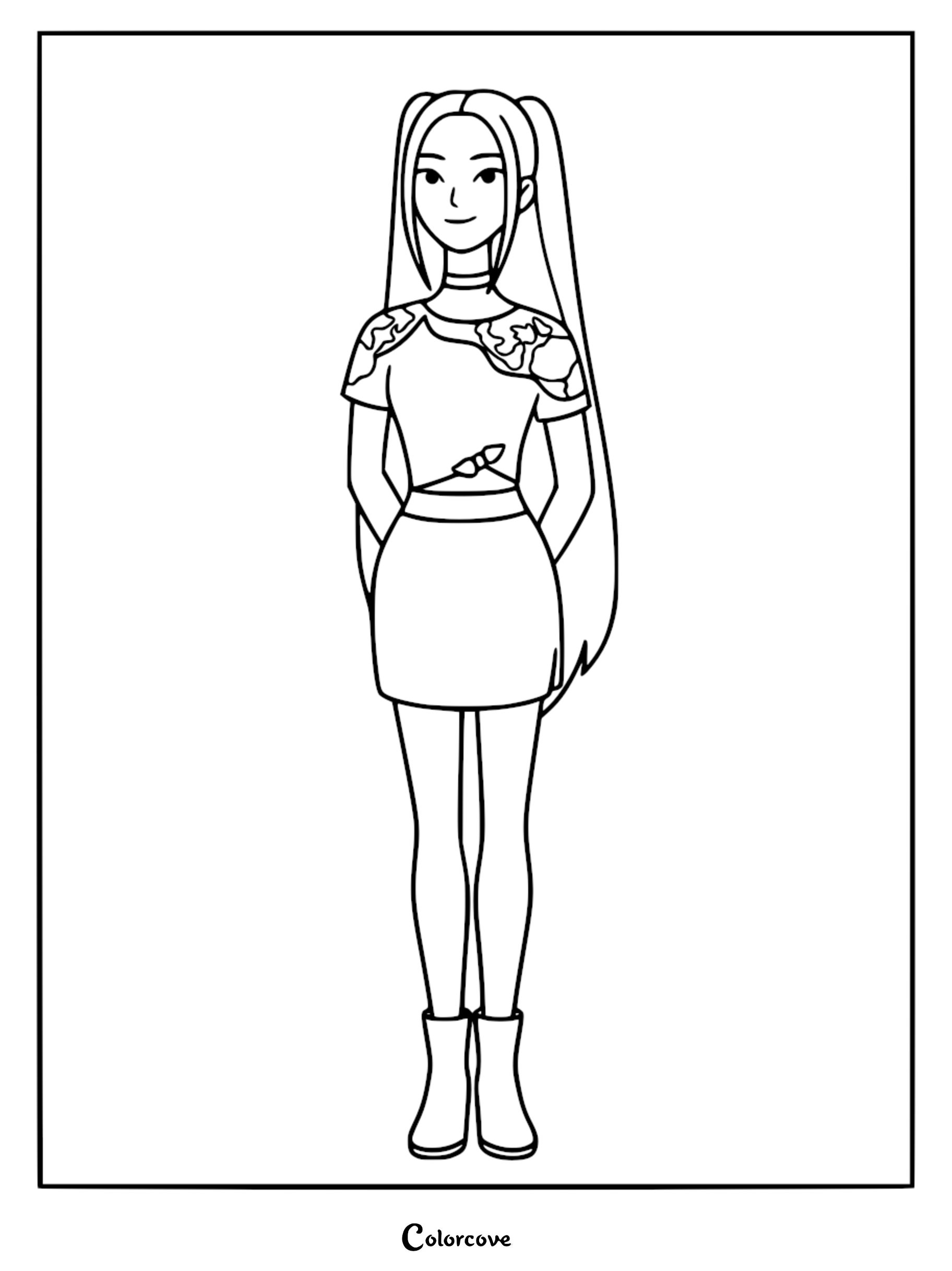 A printable coloring page featuring Mira from KPop Demon Hunters with her signature half-up pigtails, wearing a stylish outfit with a patterned top, mini skirt, and boots standing in a front-facing pose.