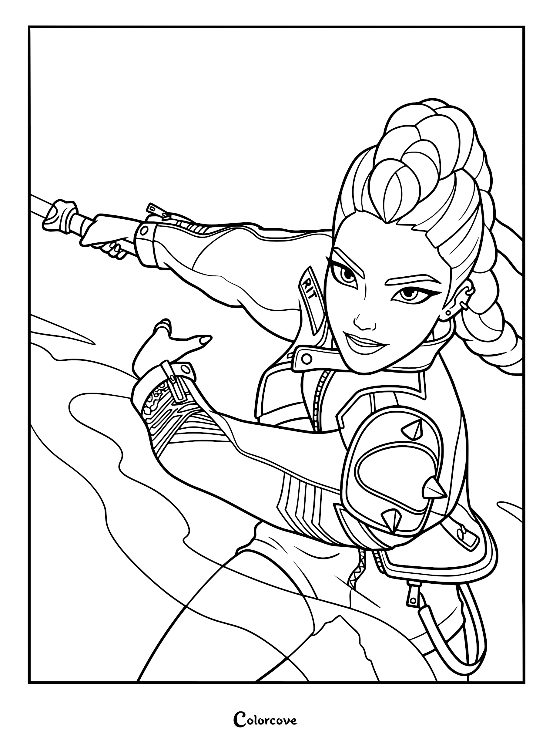 High-contrast black and white line art coloring page of Rumi from KPop Demon Hunters, shown in a dynamic combat pose with her signature dragon braid hairstyle, yellow biker jacket, and wielding her glowing Saingeom sword.