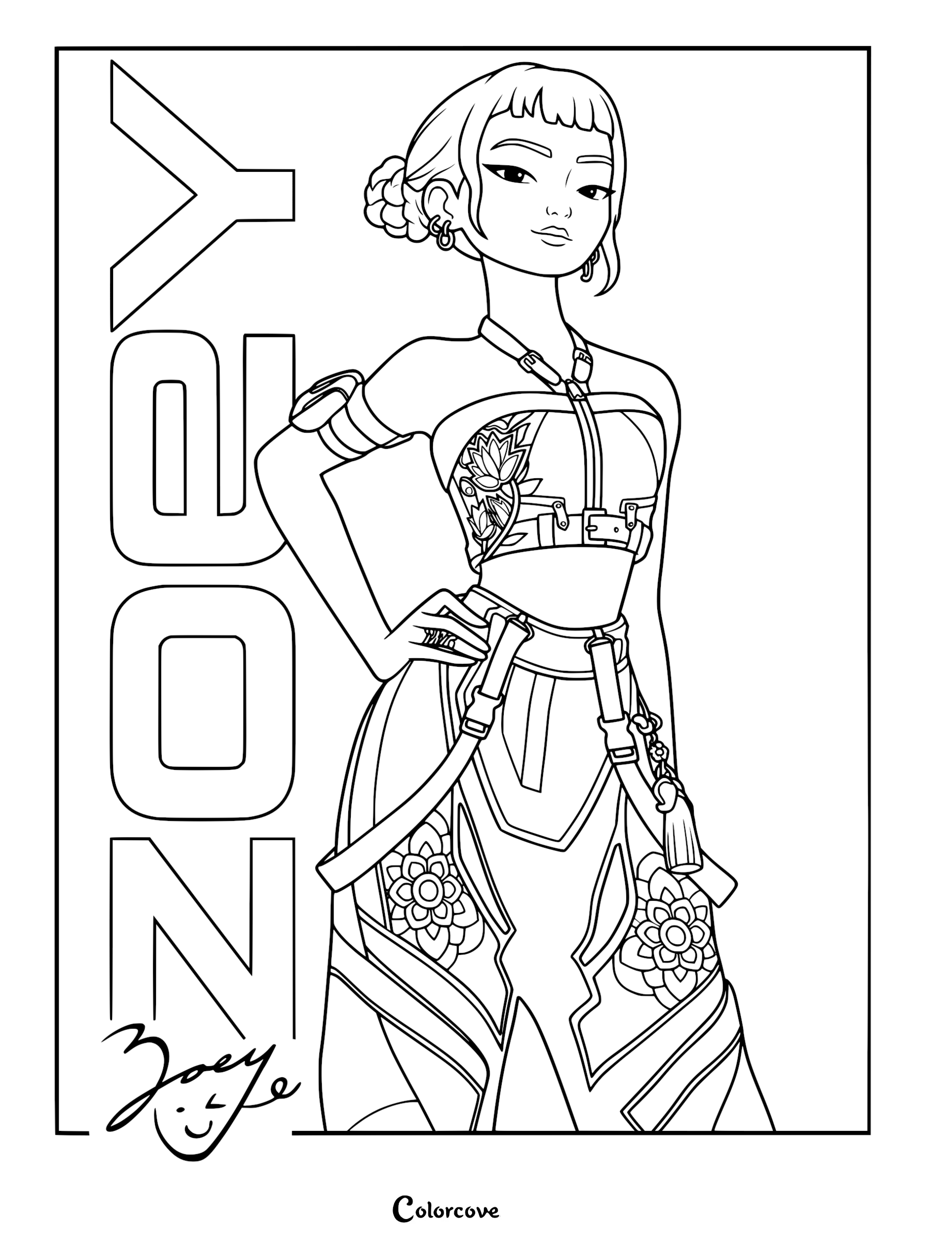 Zoey from K-Pop Demon Hunters in a stylized black and white coloring page, featuring her wearing a detailed floral crop top and skirt with her name Zoey written vertically in the background.