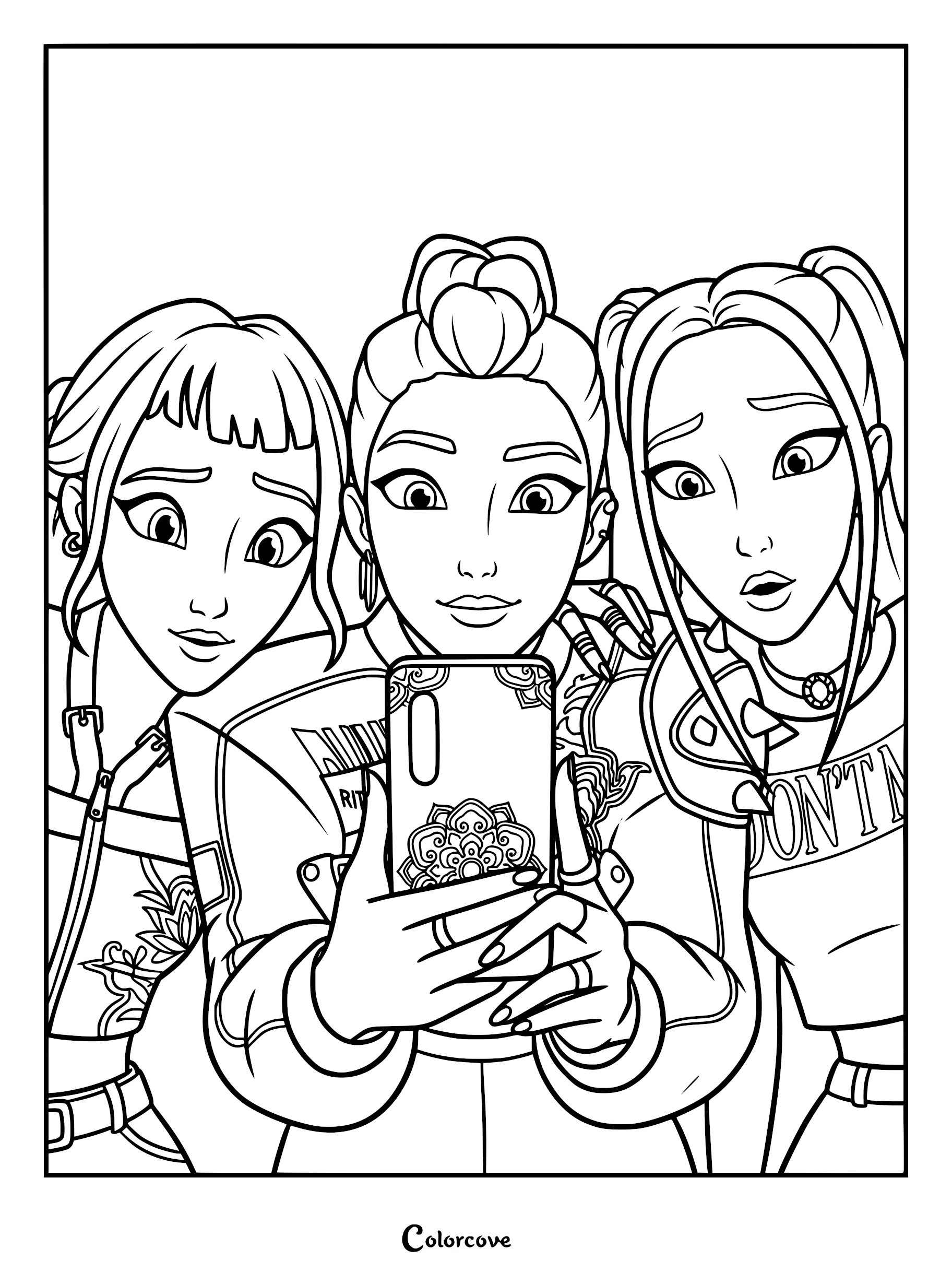 A printable coloring page featuring K-pop demon hunters Rumi, Mira, and Zoey taking a group selfie with a decorated smartphone, showing their distinct hairstyles and stage outfits.