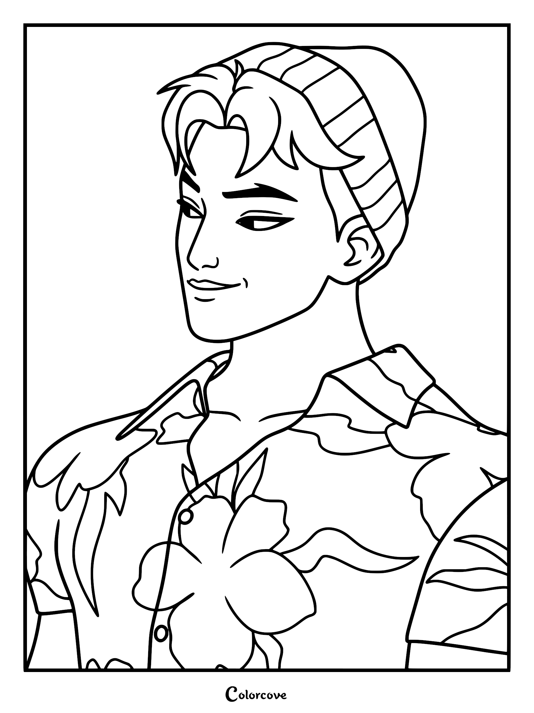 A black and white line art coloring page of Jinu, the Saja Boys leader, wearing a beanie and a floral tropical button-up shirt.