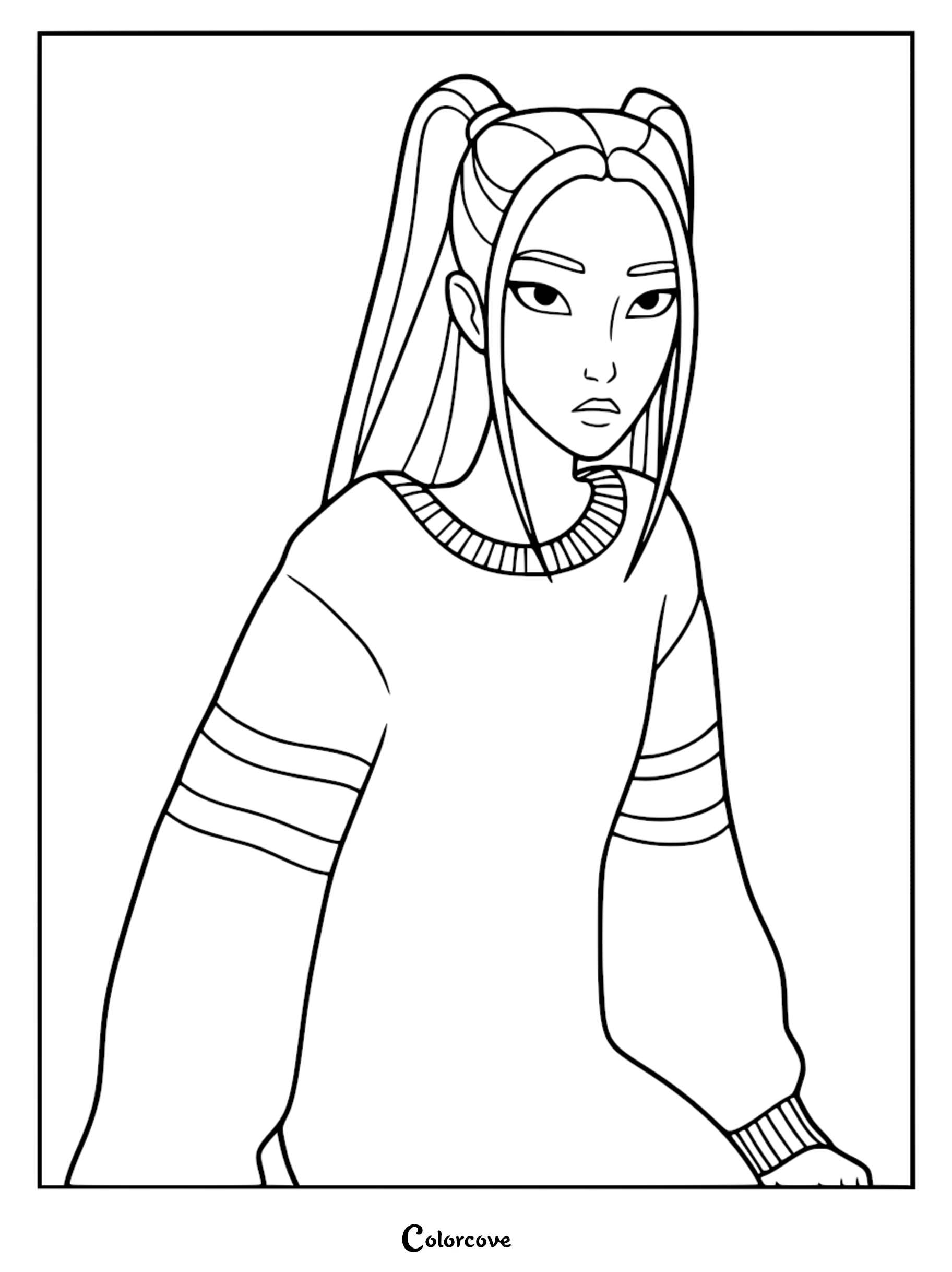 A printable coloring page of Mira from KPop Demon Hunters featuring her signature high half-up pigtails, a focused gaze, and a long-sleeved sweater with striped detail on the sleeves.