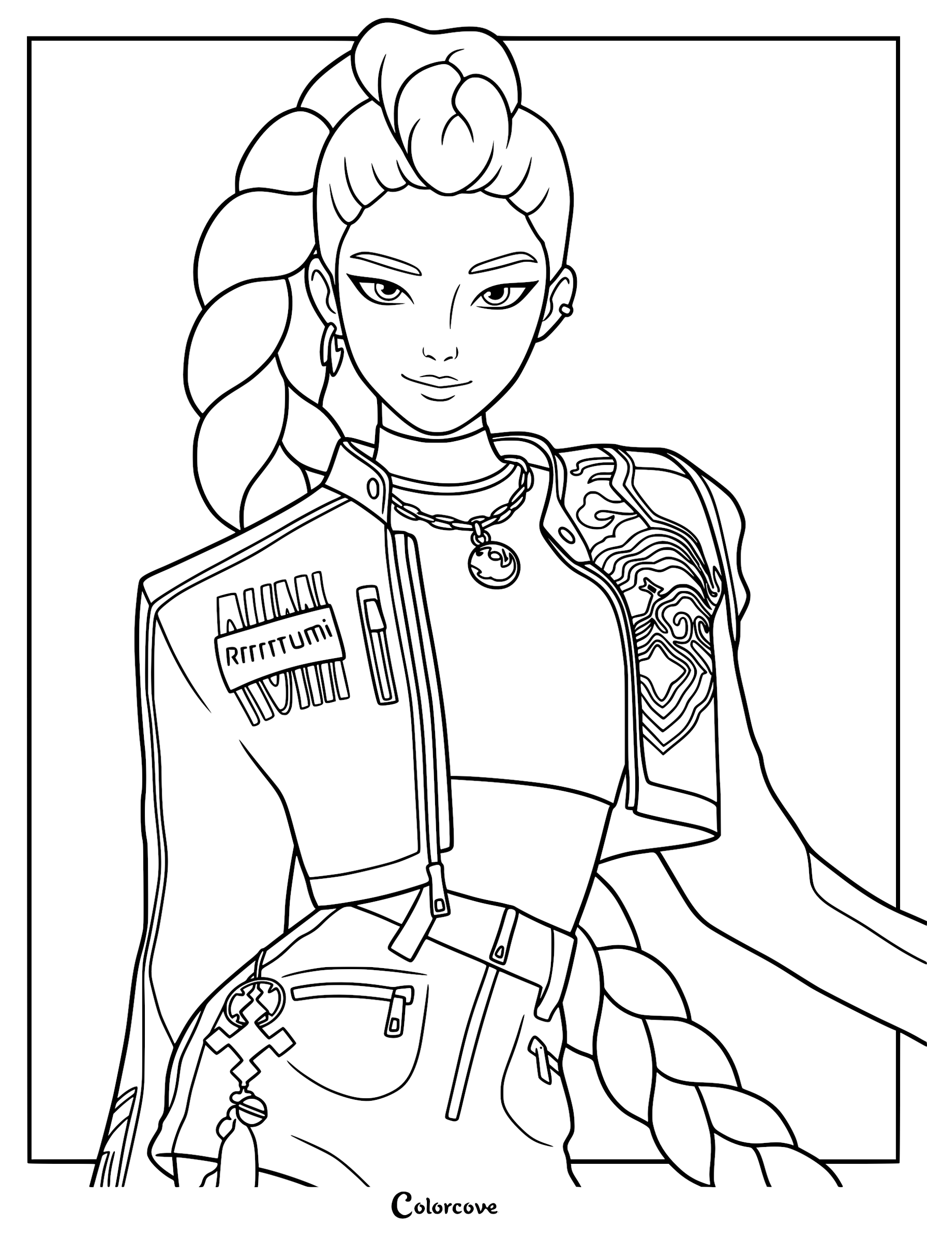 A detailed coloring page of Rumi from Kpop Demon Hunters, featuring her signature dragon braid, crop top, and a biker jacket with a name patch, standing with a confident expression.