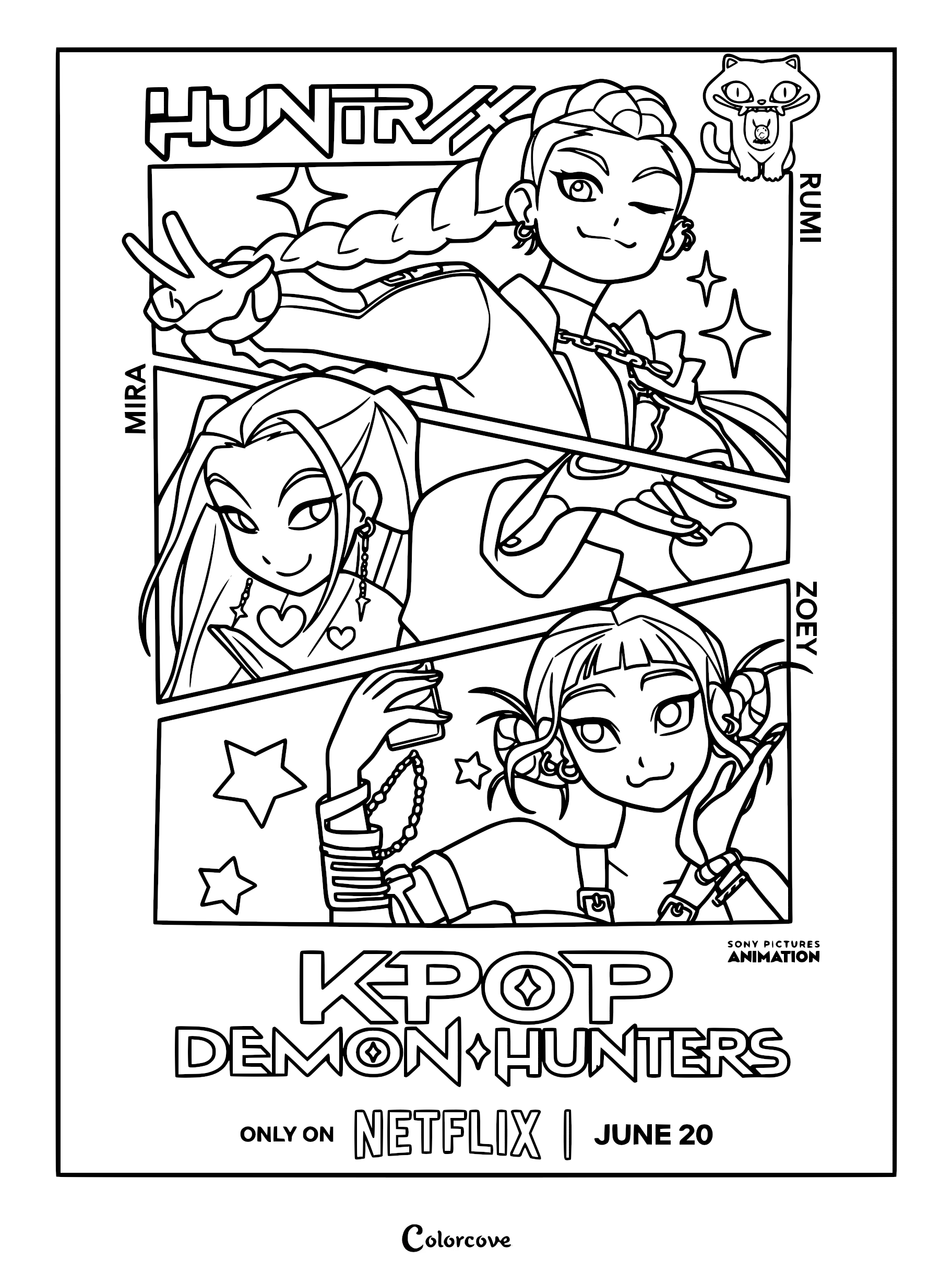 A black and white line art coloring page featuring the Kpop Demon Hunters trio: Rumi, Mira, and Zoey, with Derpy the tiger in a segmented comic-style layout with the Netflix movie logo.