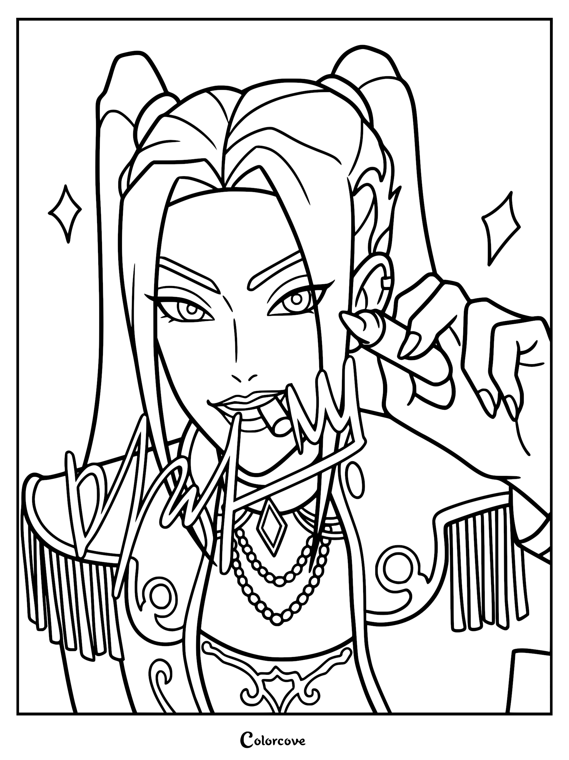 A detailed line art coloring page of Mira from KPop Demon Hunters, featuring her signature high pigtail hairstyle, wearing a military-style stage jacket with fringe epaulettes, holding a small lipstick tube near her face with diamond sparkles in the background.