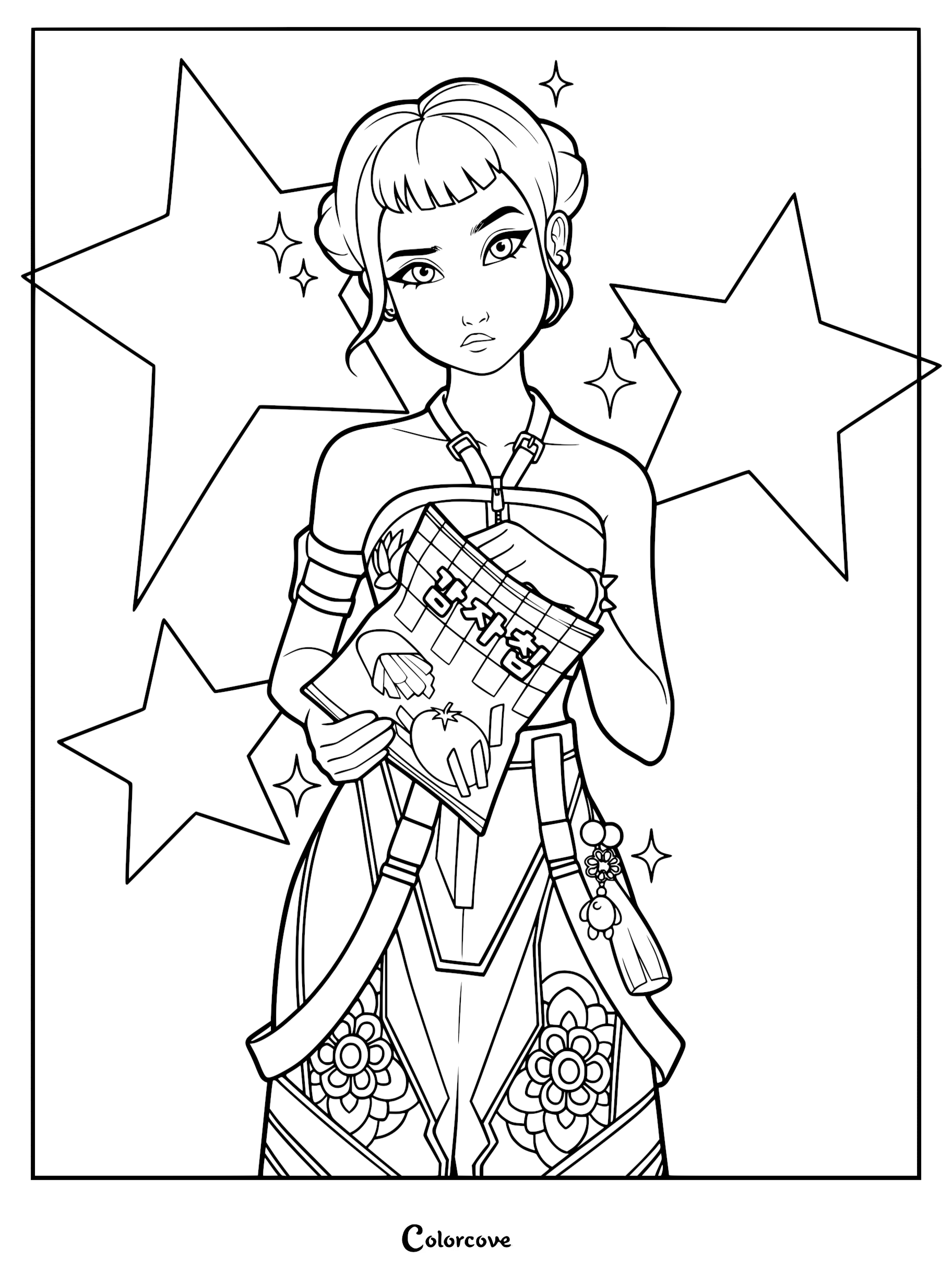 Zoey from KPop Demon Hunters with twin braided space buns and micro-bangs holding a bag of Korean potato snacks, surrounded by large stars on this printable line art coloring page.
