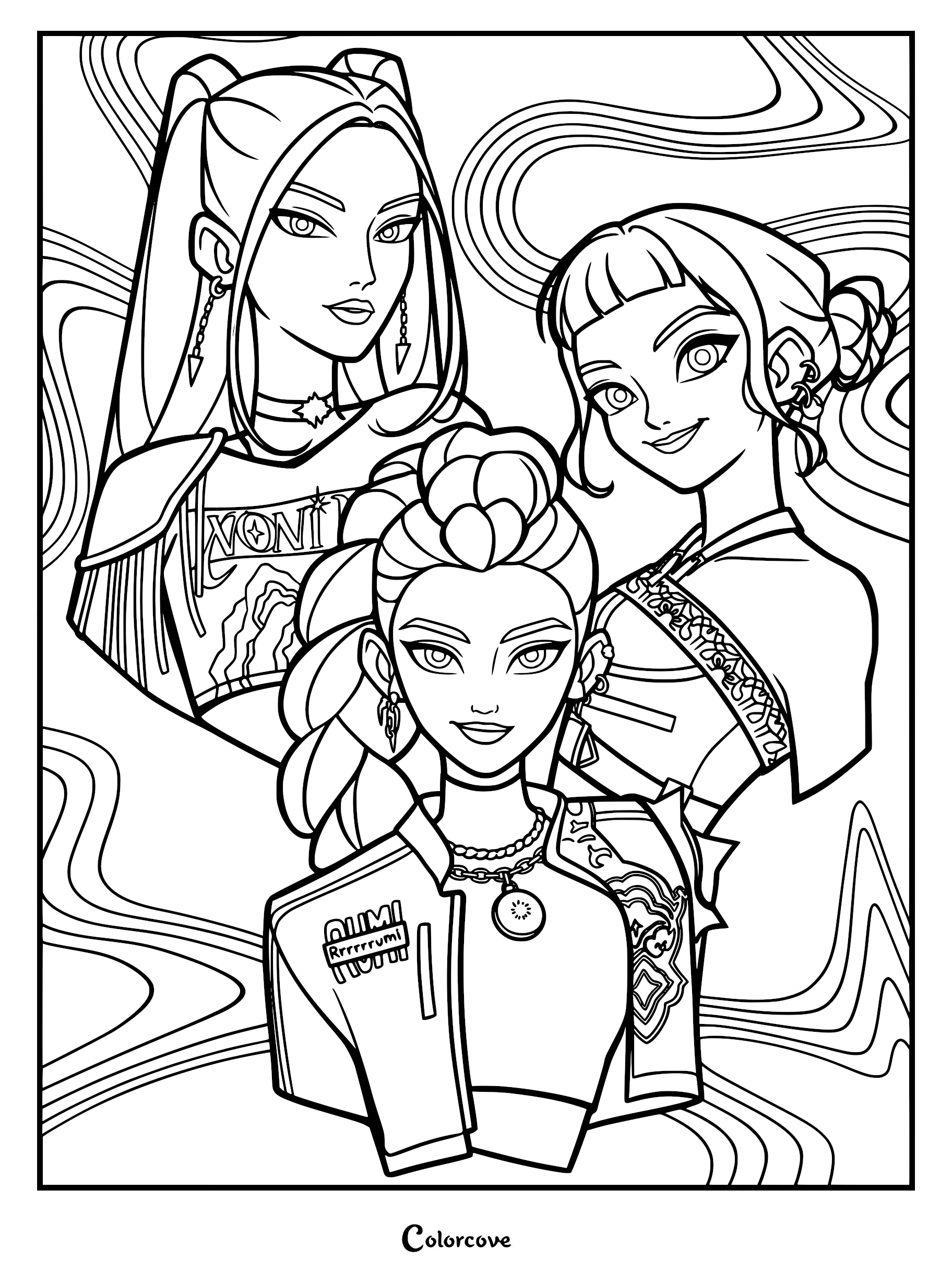 A detailed coloring page featuring Rumi, Mira, and Zoey from KPop Demon Hunters, with Rumi in the center wearing her signature dragon braid and cropped jacket, flanked by Mira with her half-up pigtails and Zoey with her space buns, set against a swirling abstract background.