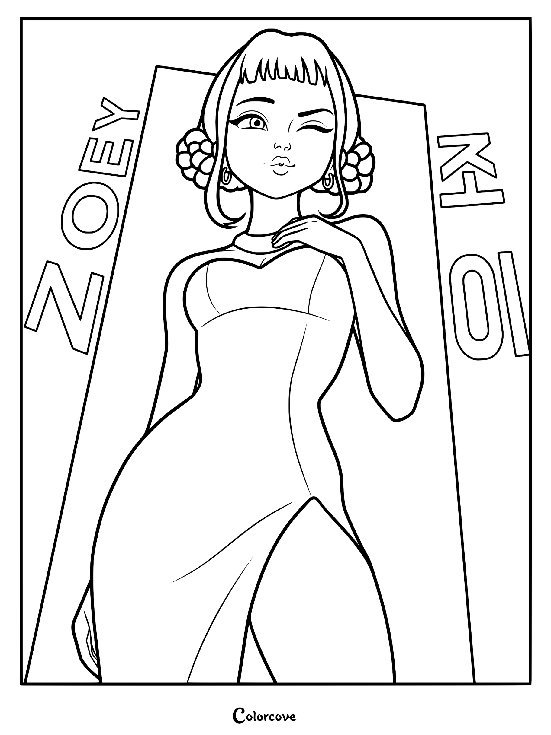 Zoey from KPop Demon Hunters wearing a stylish outfit with twin braided space buns, winking at the camera, featured in a detailed line art coloring page with her name written in English and Korean.