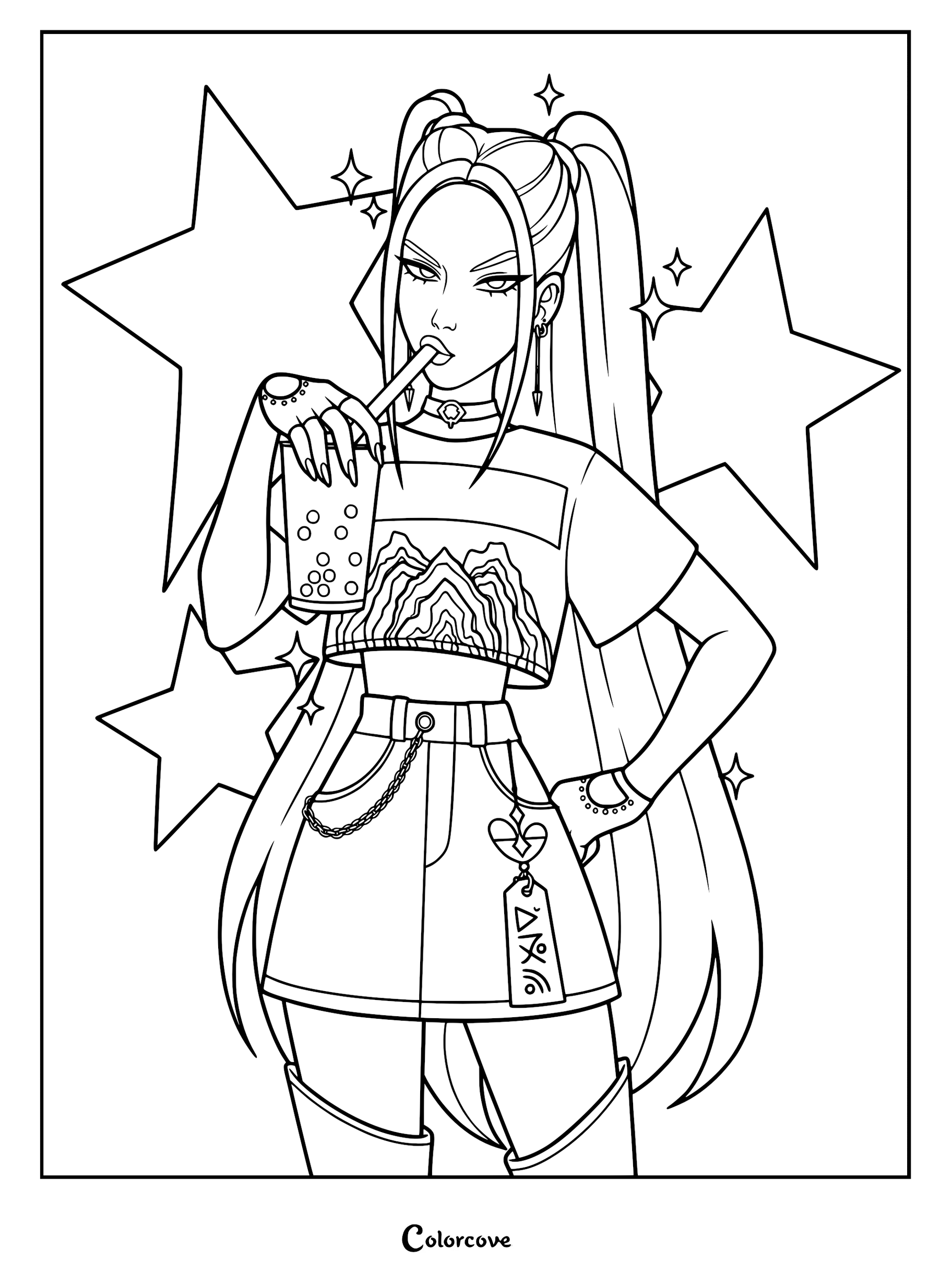 A detailed coloring page of Mira from Kpop Demon Hunters, featuring her signature high pigtails, holding a boba tea, wearing an edgy street-style outfit with a chain skirt and thigh-high boots, set against a background of star shapes.