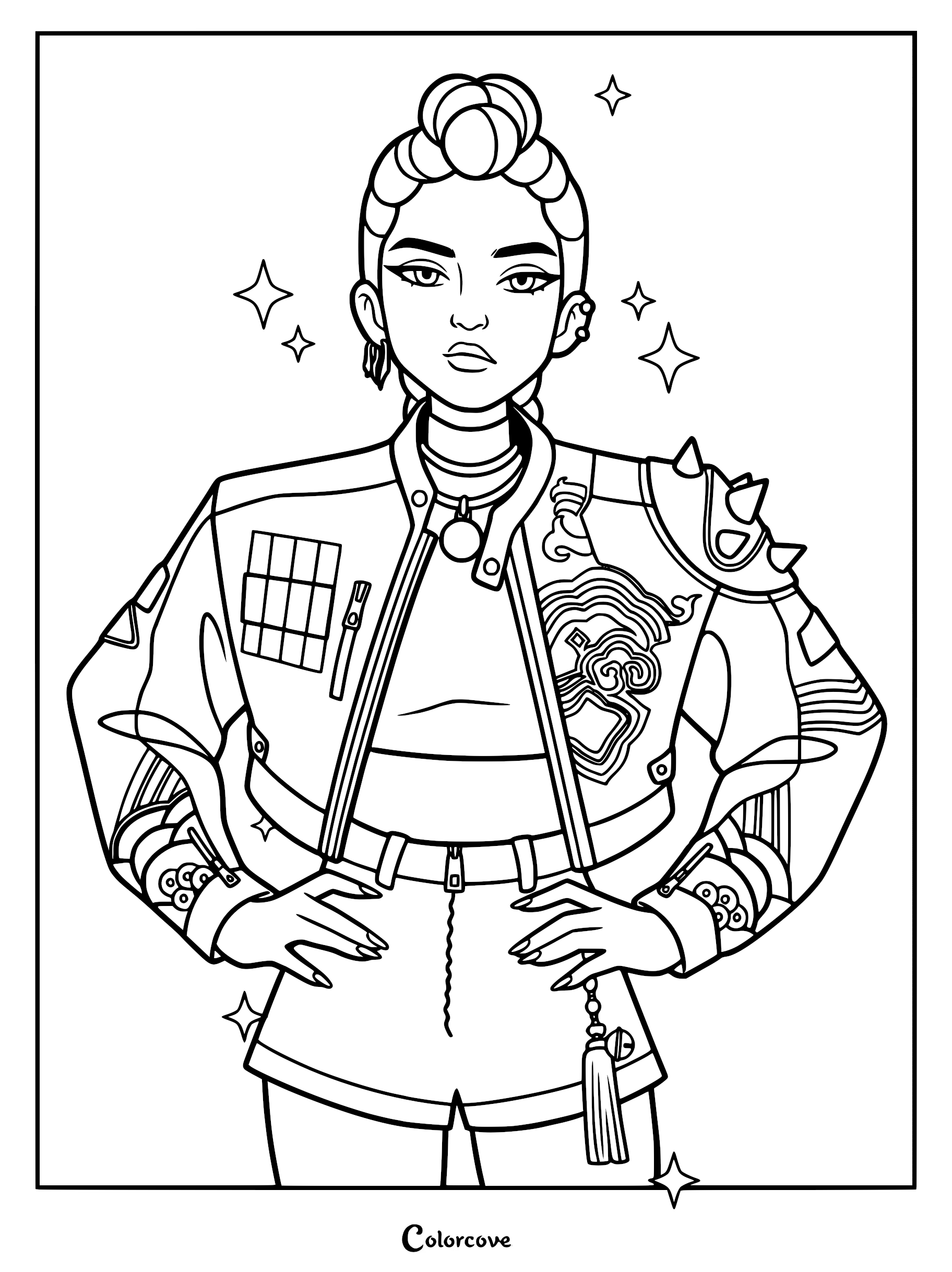 A line art coloring page of Rumi from Kpop Demon Hunters with her signature dragon braid, wearing a detailed cropped biker jacket with spikes and ornate patterns, standing confidently with hands on hips surrounded by sparkling stars.