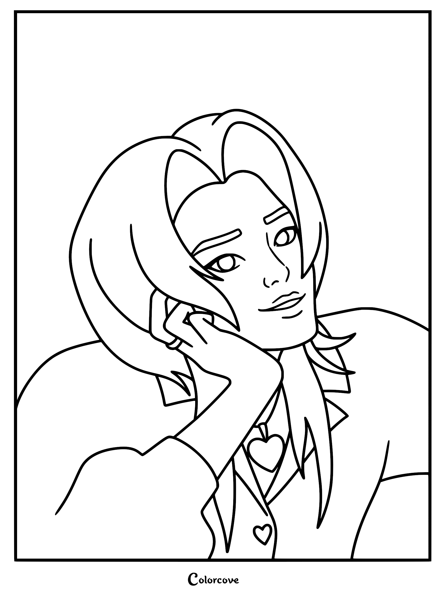 Jinu from Kpop Demon Hunters leaning on his hand, wearing a heart pendant necklace in a clean line art illustration perfect as a coloring page.