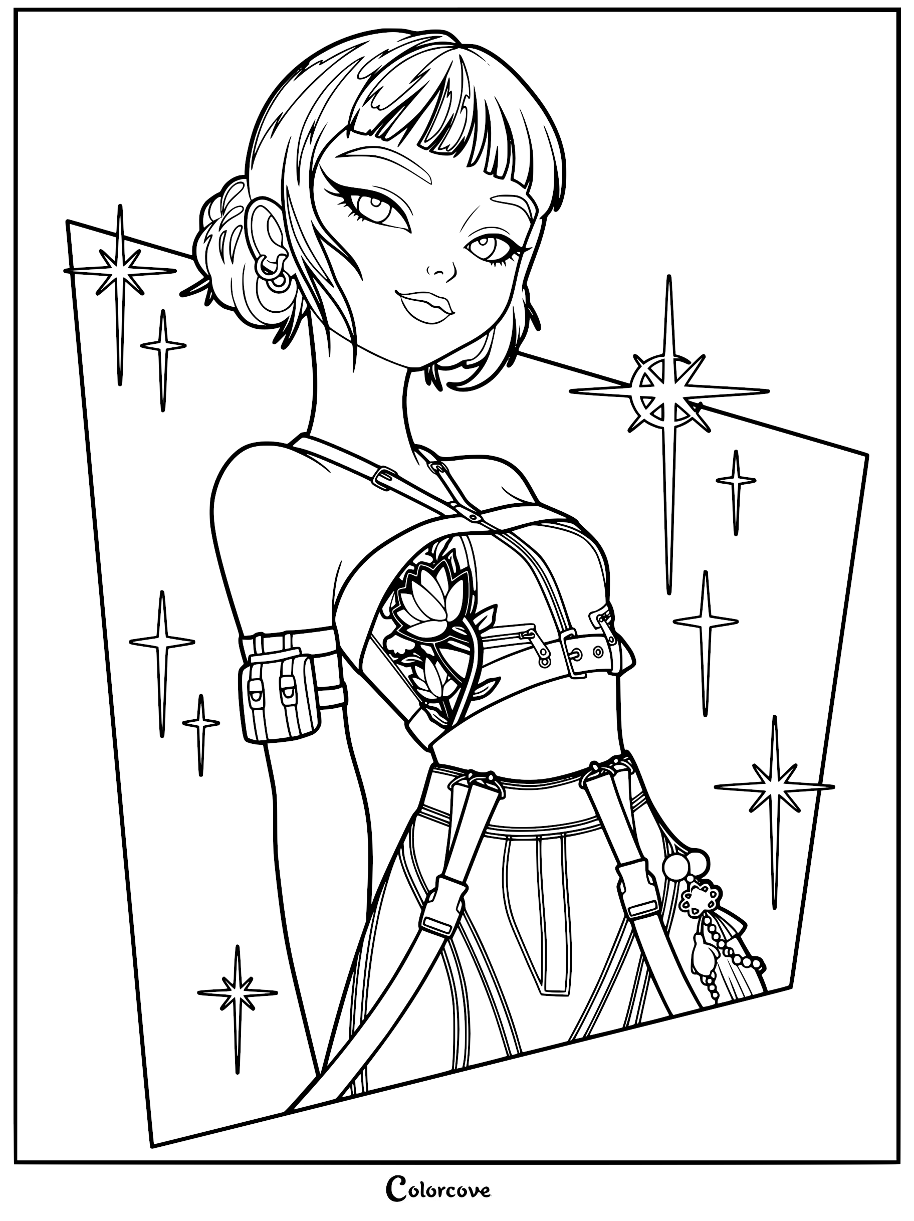 A detailed coloring page featuring Zoey from KPop Demon Hunters with her signature space buns, micro-bangs, multiple ear piercings, and tactical strap outfit against a backdrop of magical stars.