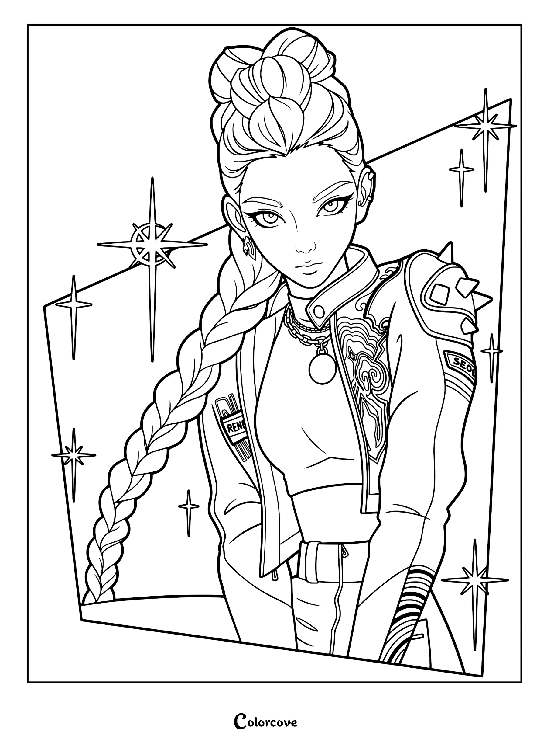 Detailed line art coloring page of Rumi from K-Pop Demon Hunters, featuring her signature long braided hairstyle, edgy biker jacket with shoulder spikes, and a pendant necklace, surrounded by star icons.
