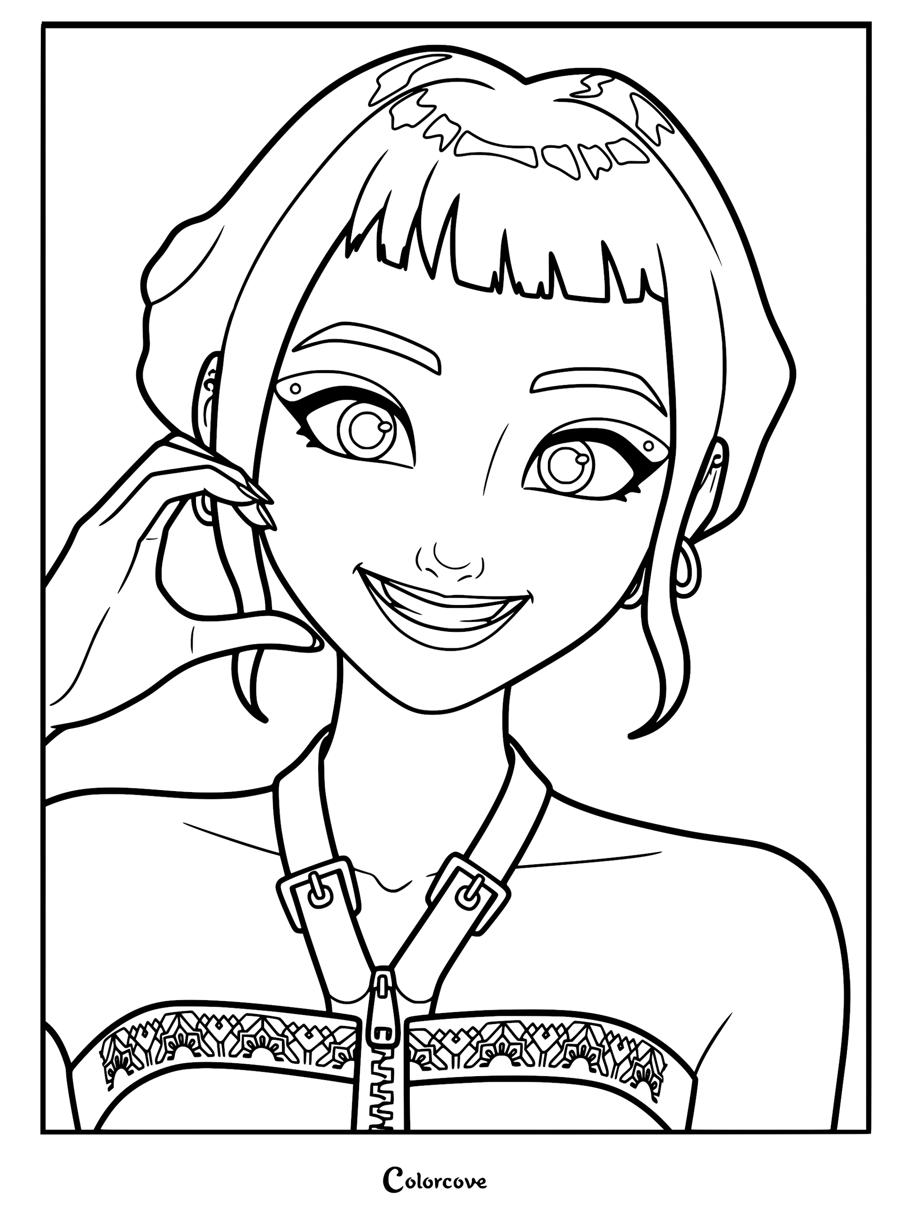 A detailed coloring page of Zoey from Kpop Demon Hunters, showing her signature braided space buns, micro-bangs, multiple ear piercings, and a zipper-detailed top.