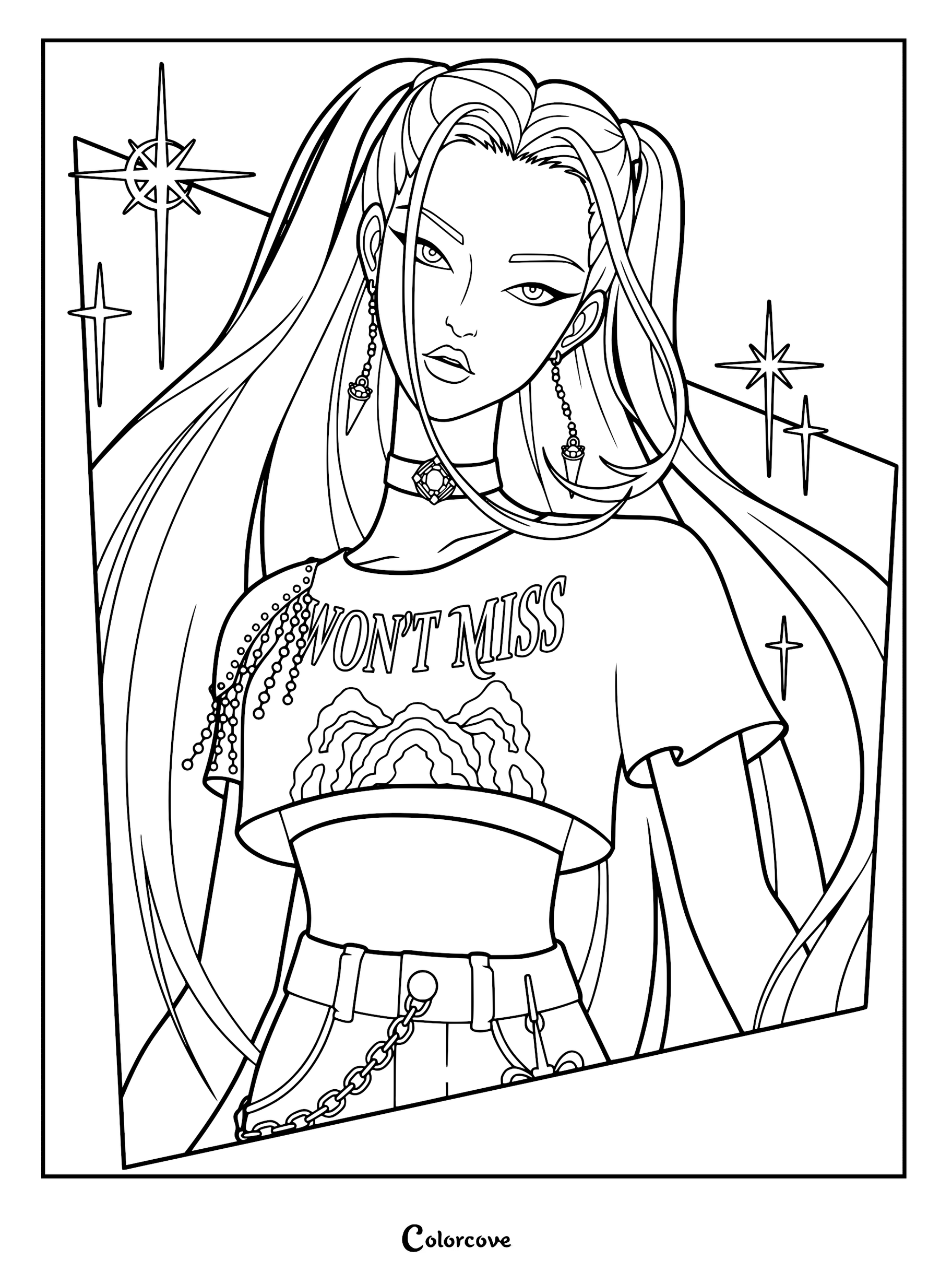 Mira from KPop Demon Hunters featuring her signature half-up pigtails, a Won't Miss crop top, and dangling earrings in a detailed line art coloring page.