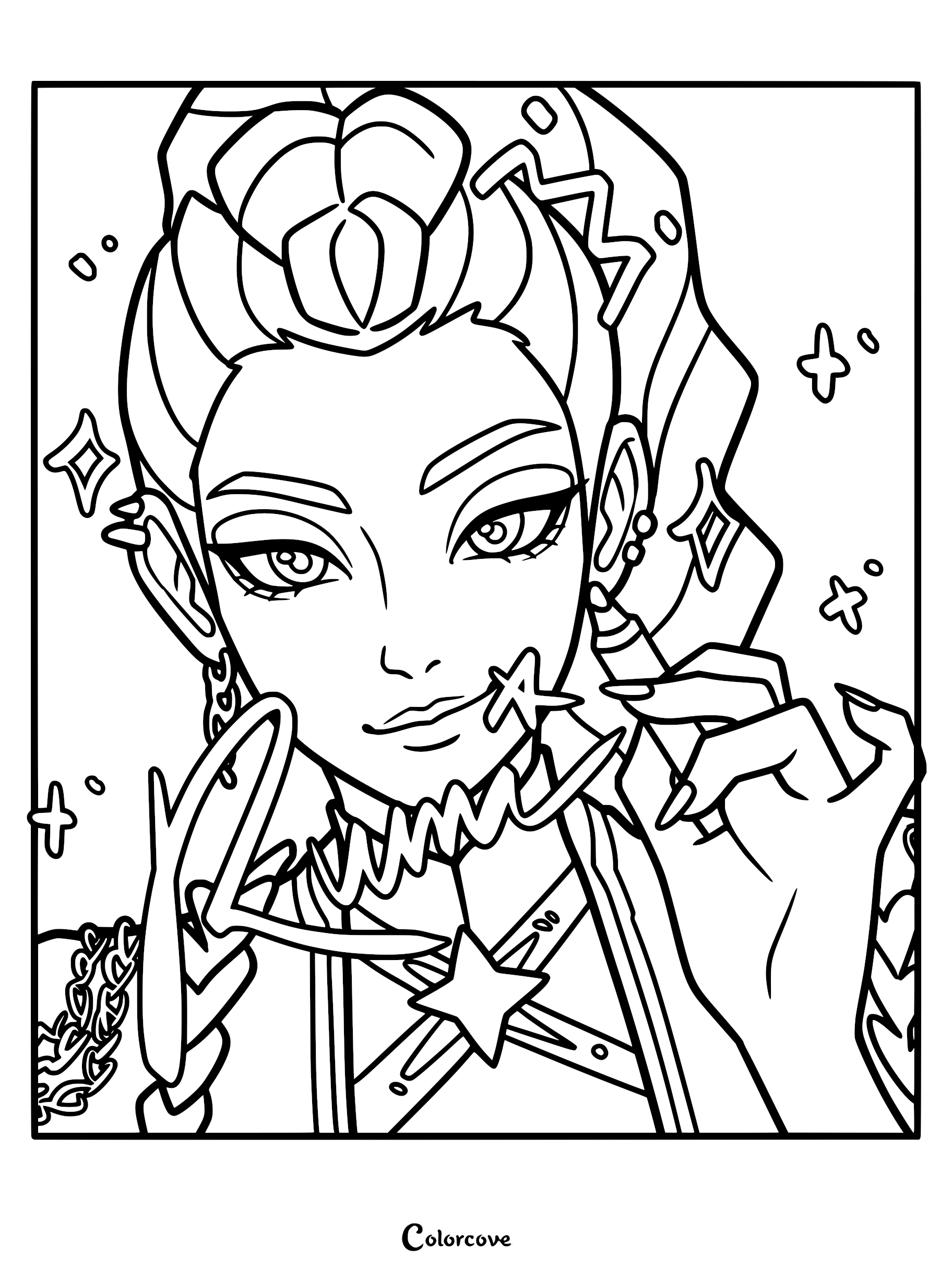 Rumi from K-Pop Demon Hunters holding a pen, featuring her signature twin braided space buns and micro-bangs, in this detailed printable coloring page.