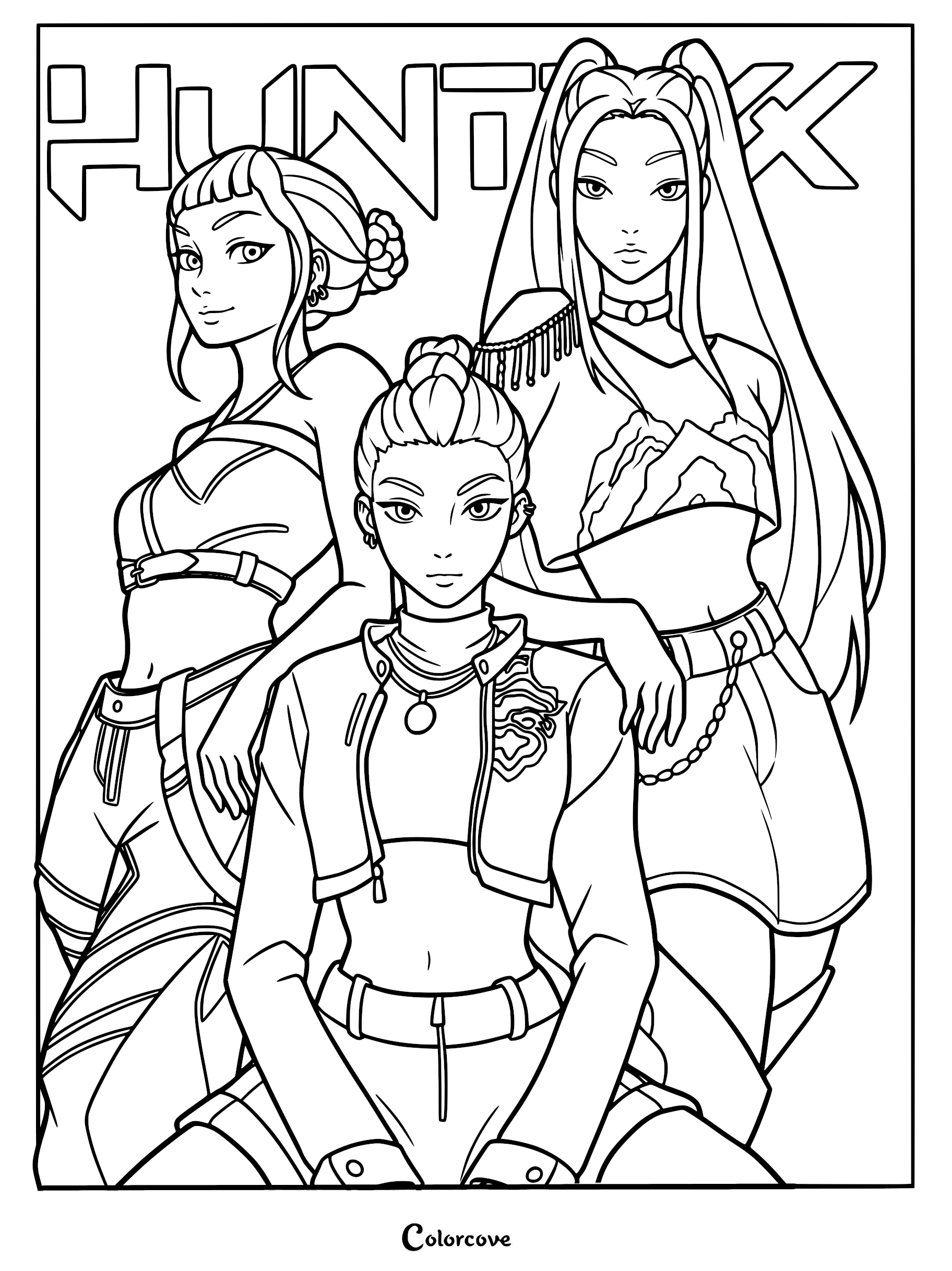 Kpop Demon Hunters coloring page featuring Rumi, Mira, and Zoey from the band Huntr/x posing together under the bold logo text.