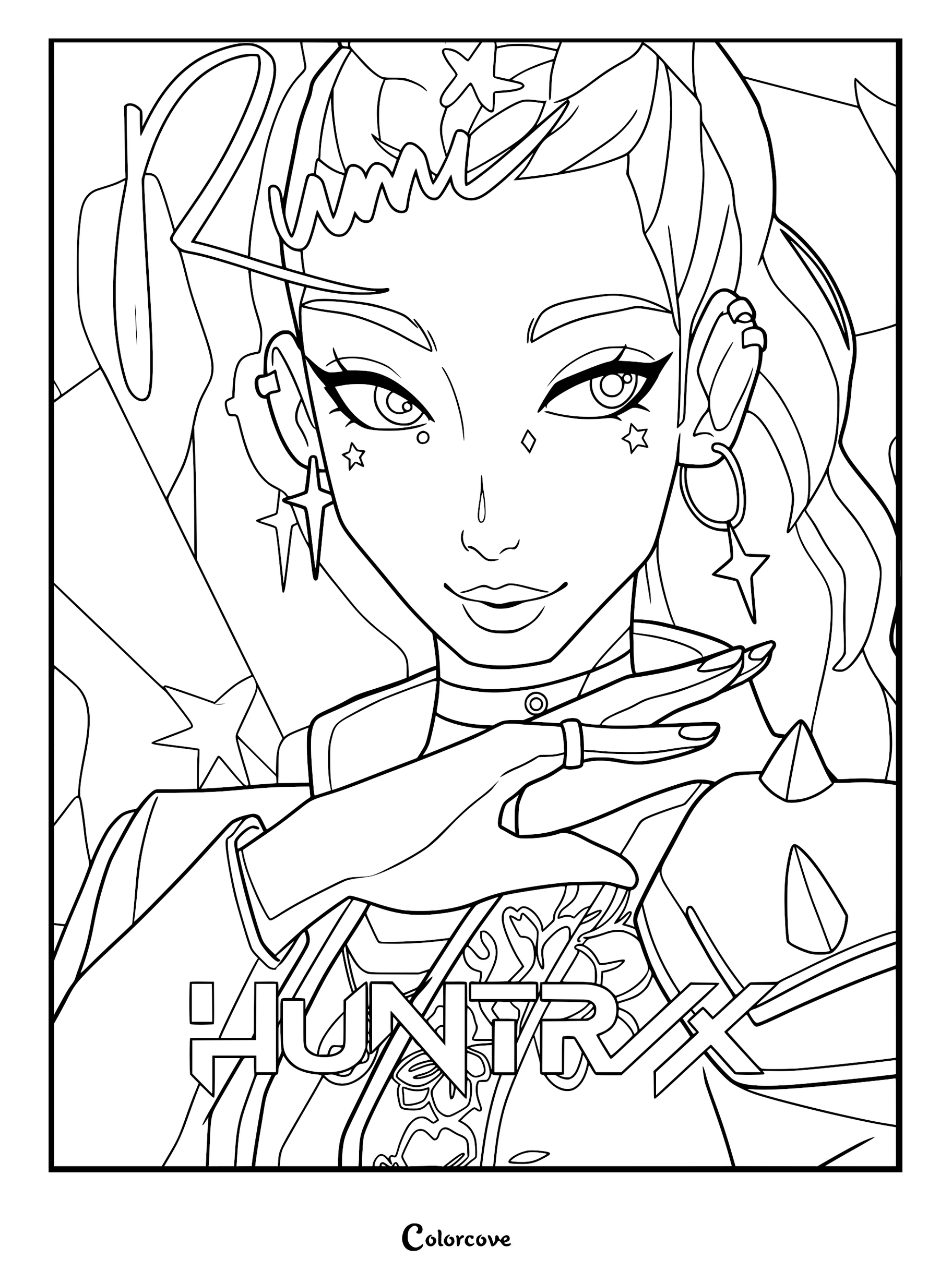 A detailed coloring page of Rumi from K-Pop Demon Hunters, featuring her signature dragon braid hairstyle, star-shaped earrings, and a spiky biker-style shoulder pad, with the HUNTR/X logo at the bottom.