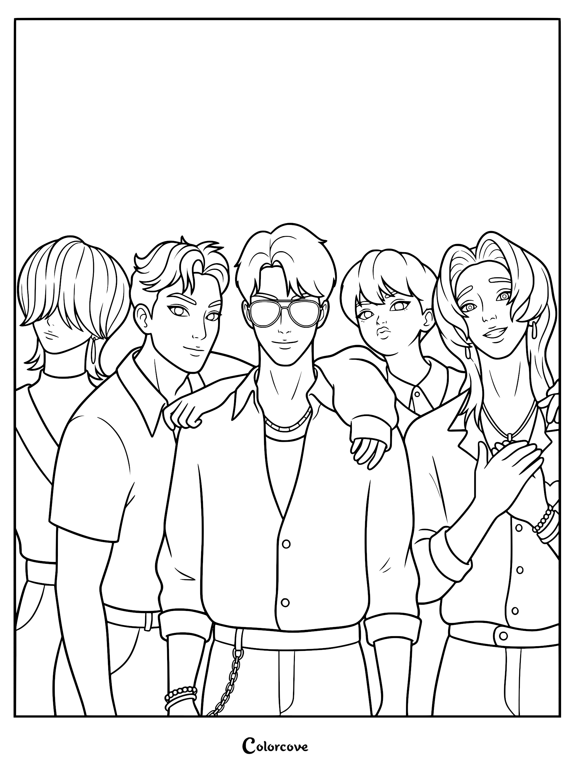 A printable coloring page featuring Jinu, the leader of the Saja Boys, wearing sunglasses with his bandmates posing together in a group portrait.