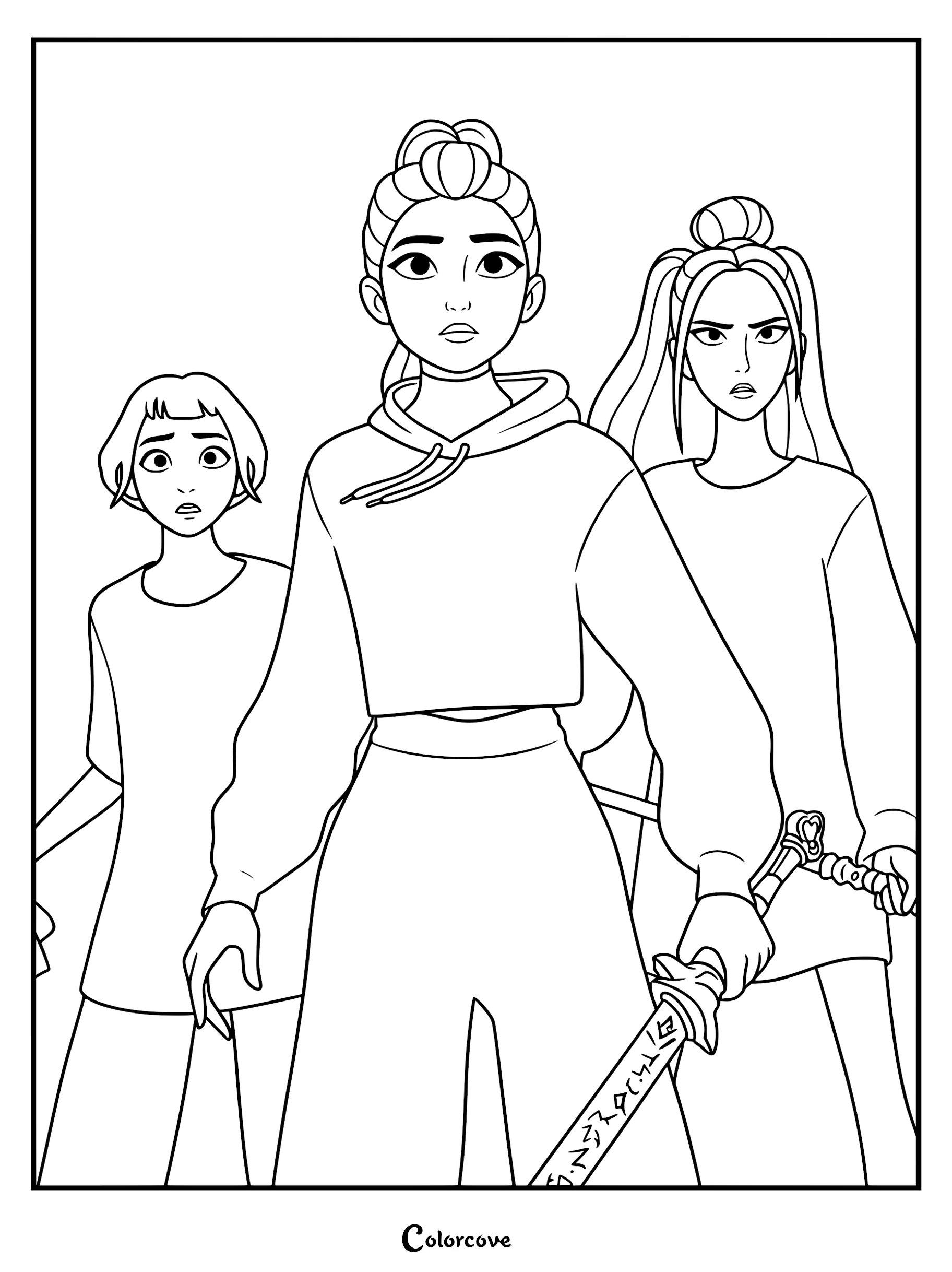 A line art coloring page featuring the K-pop girl group Huntr/x. Rumi stands in the center wearing a hoodie and gripping her Saingeom sword, with Zoey to her left and Mira to her right holding her Gok-do sword.