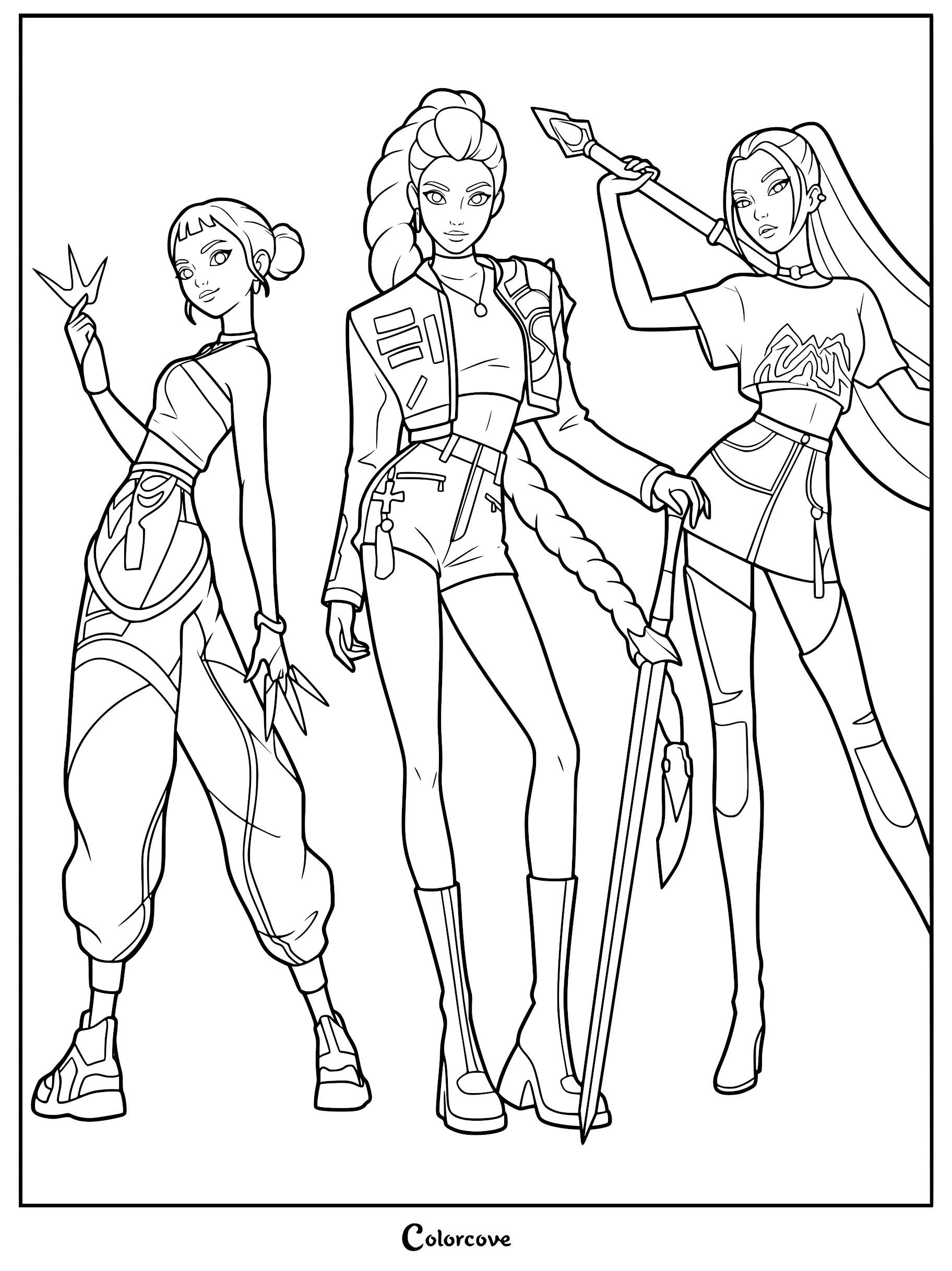 A line art coloring page featuring the KPop Demon Hunters trio: Zoey with her twin braided buns, Rumi in her signature dragon braid holding the Saingeom sword, and Mira posing with her Gok-do polearm.
